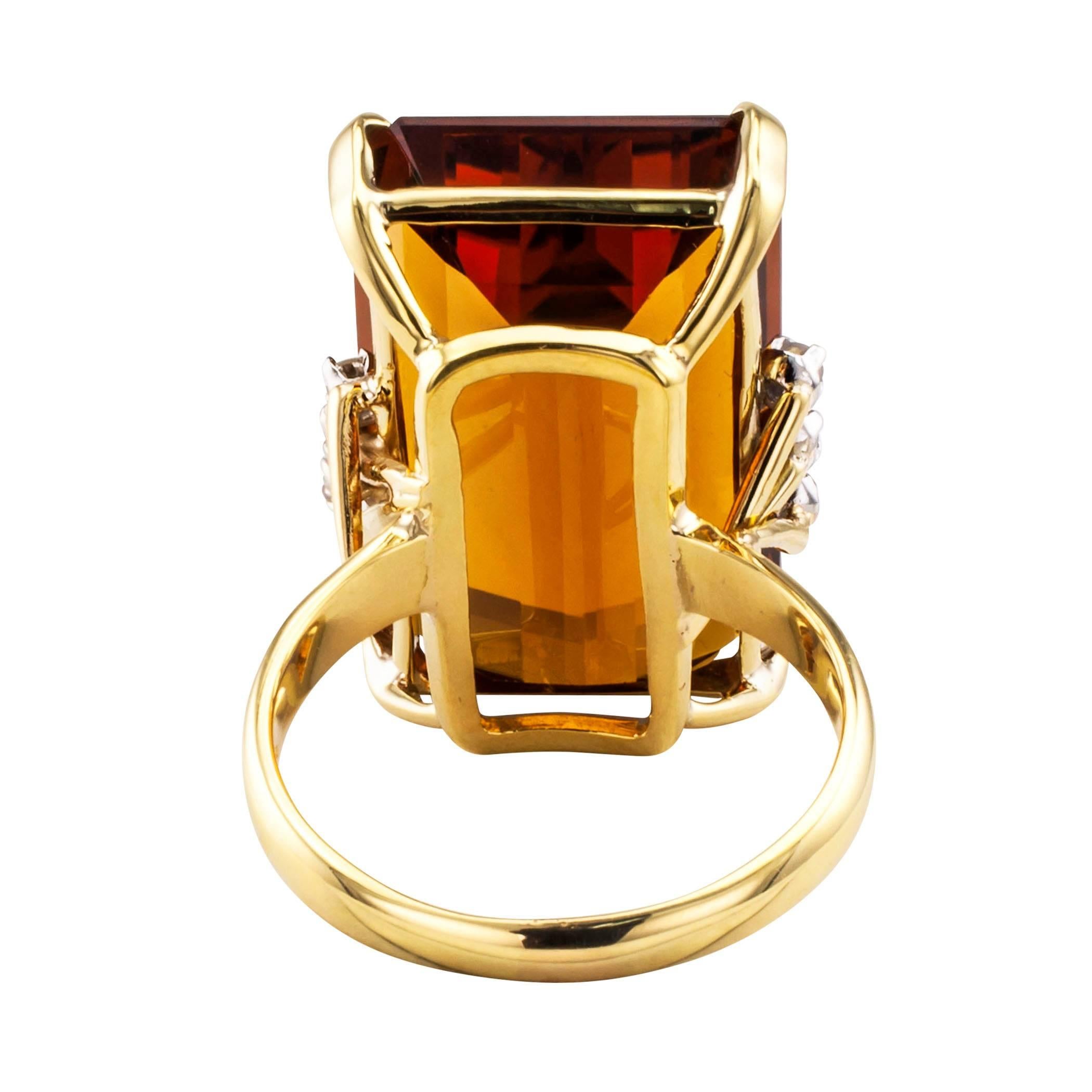 Emerald Cut Madeira Citrine Diamond Gold Cocktail Ring In Excellent Condition In Los Angeles, CA