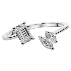 Emerald Cut Marquise Diamond Open Cuff Ring 14K White Gold Fine Jewelry