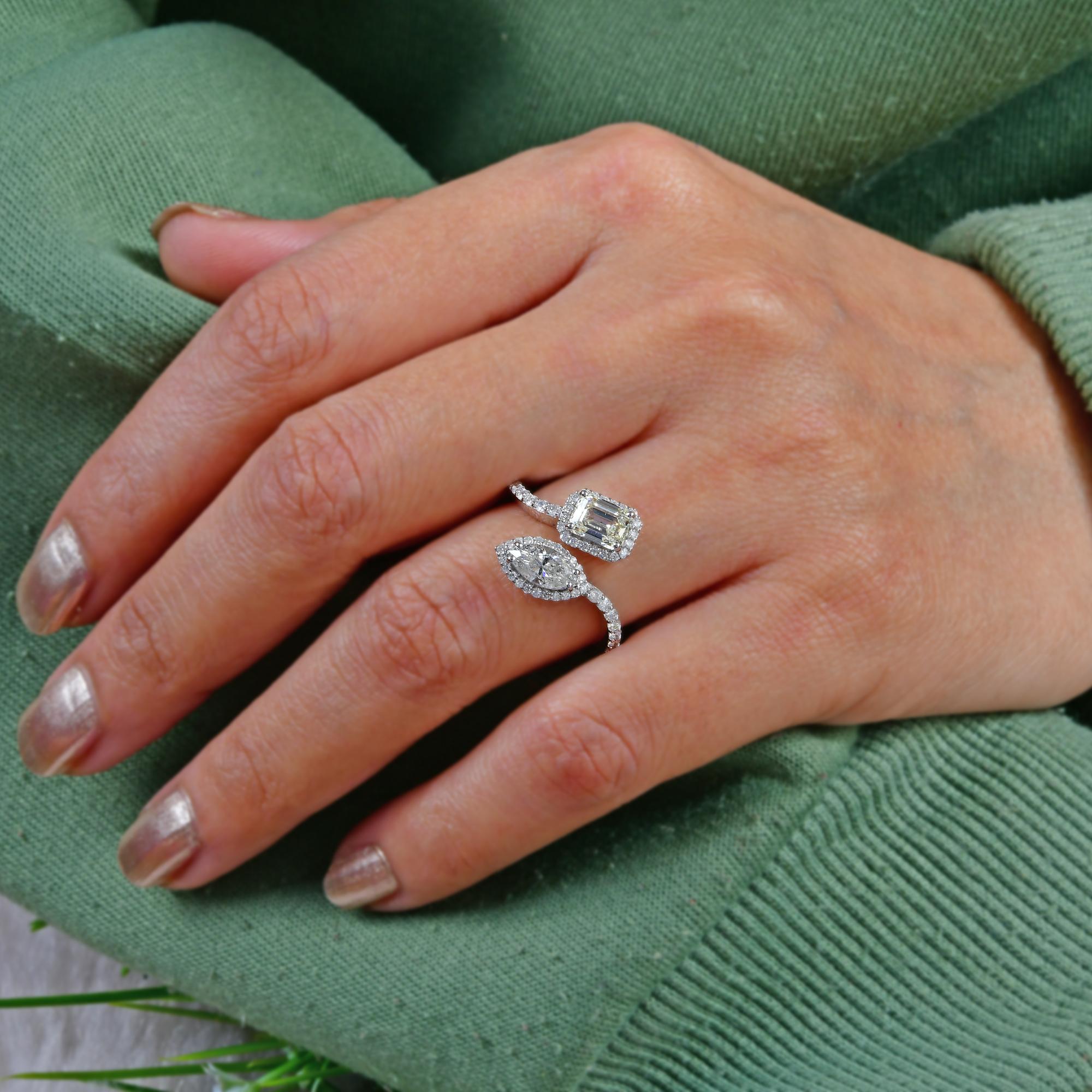 Women's Emerald Cut & Marquise Diamond Wrap Ring 14 Karat White Gold Handmade Jewelry For Sale