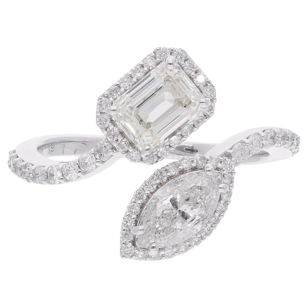 Emerald Cut & Marquise Diamond Wrap Ring 14 Karat White Gold Handmade Jewelry For Sale