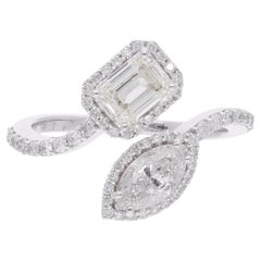 Emerald Cut & Marquise Diamond Wrap Ring 14 Karat White Gold Handmade Jewelry