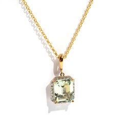 Emerald Cut Mint Quartz and Diamond 9 Carat Yellow Gold Pendant with Chain