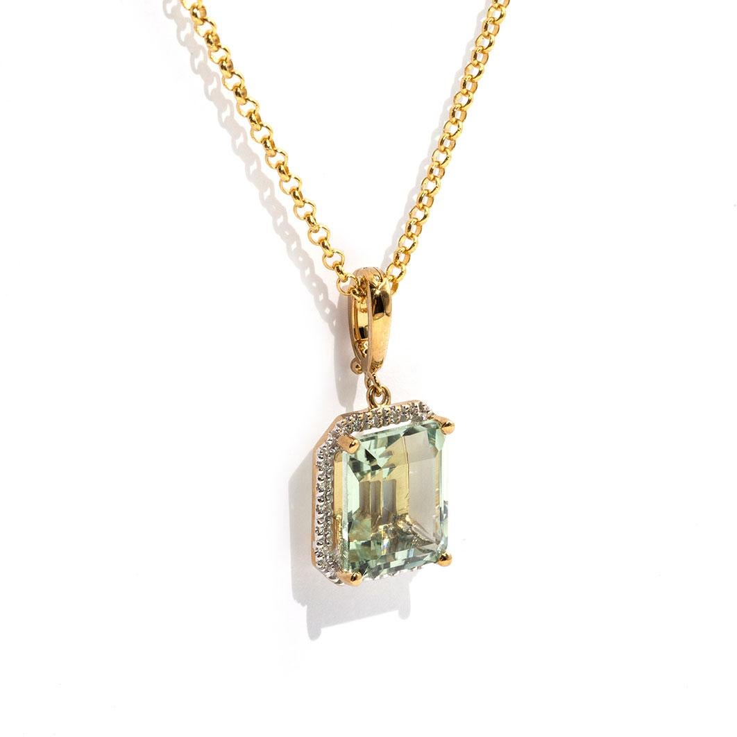Contemporary Emerald Cut Mint Quartz and Diamond 9 Carat Yellow Gold Pendant with Chain