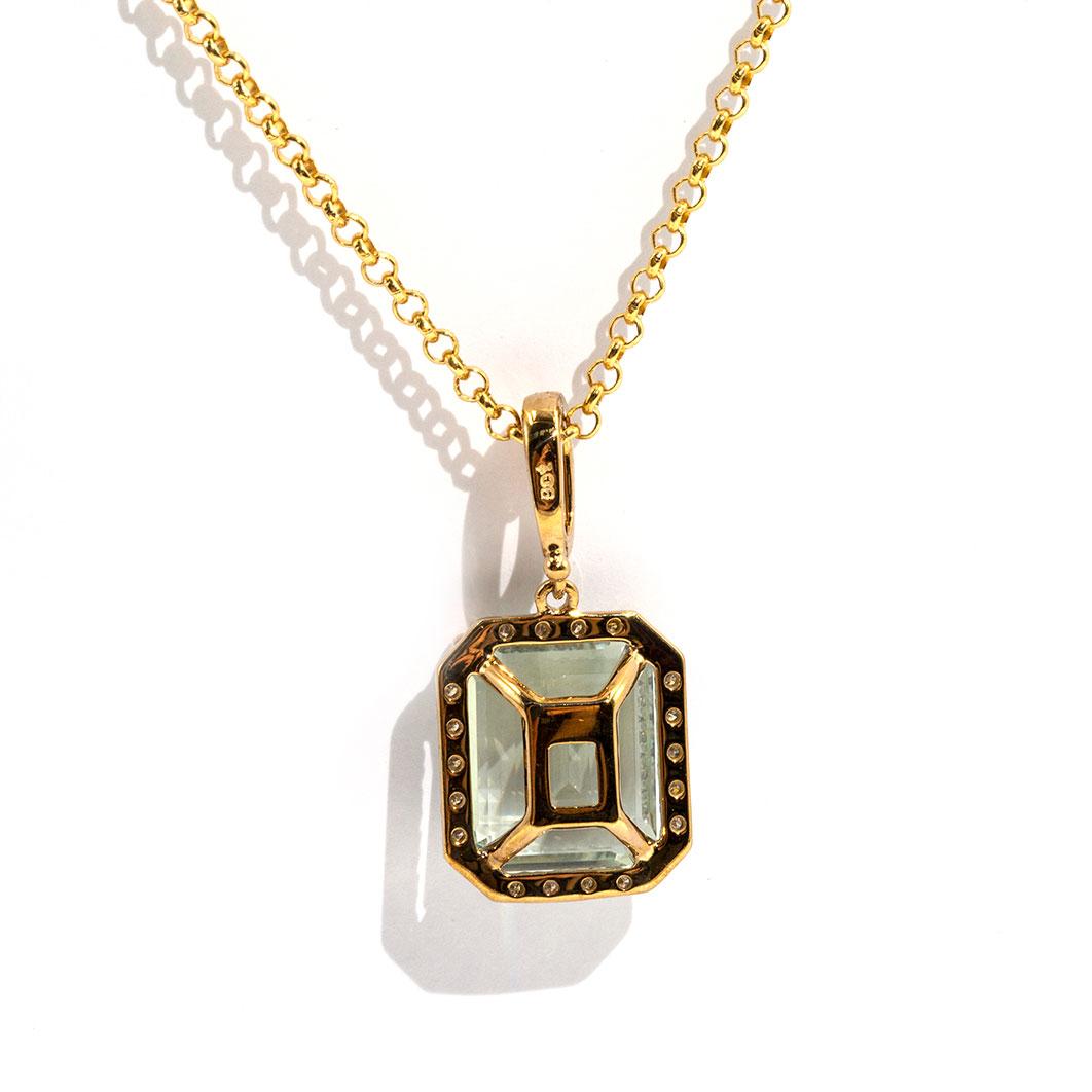 Emerald Cut Mint Quartz and Diamond 9 Carat Yellow Gold Pendant with Chain In Good Condition In Hamilton, AU
