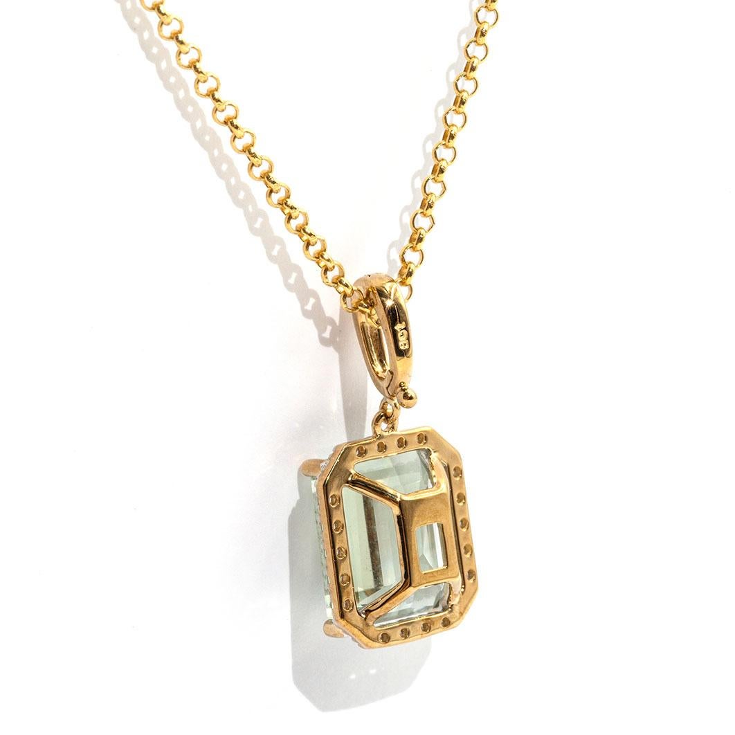 Women's Emerald Cut Mint Quartz and Diamond 9 Carat Yellow Gold Pendant with Chain