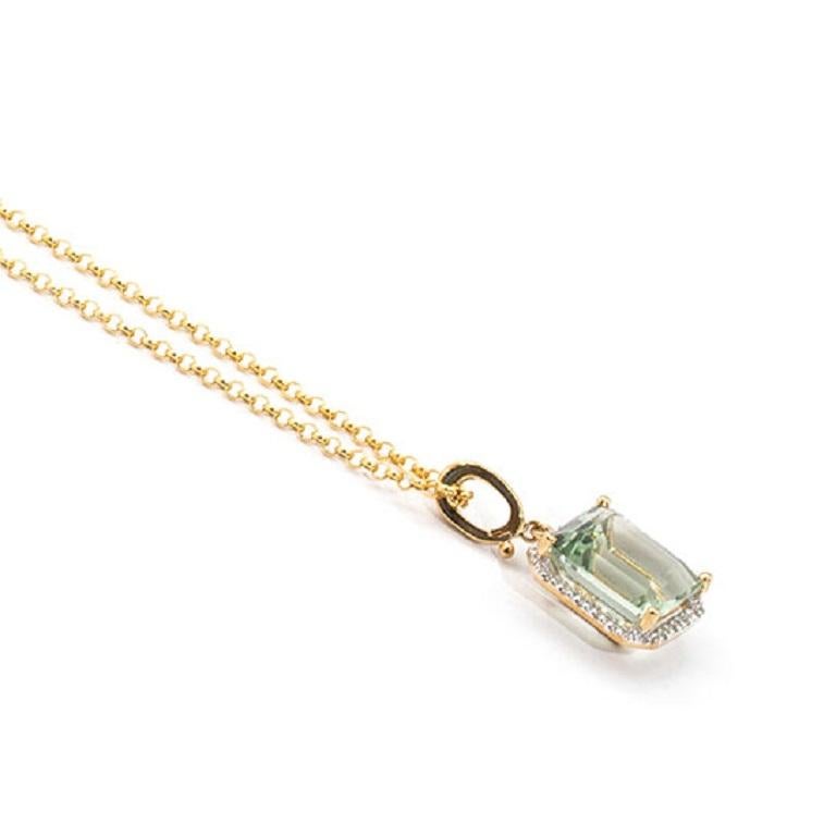 Emerald Cut Mint Quartz and Diamond 9 Carat Yellow Gold Pendant with Chain 2