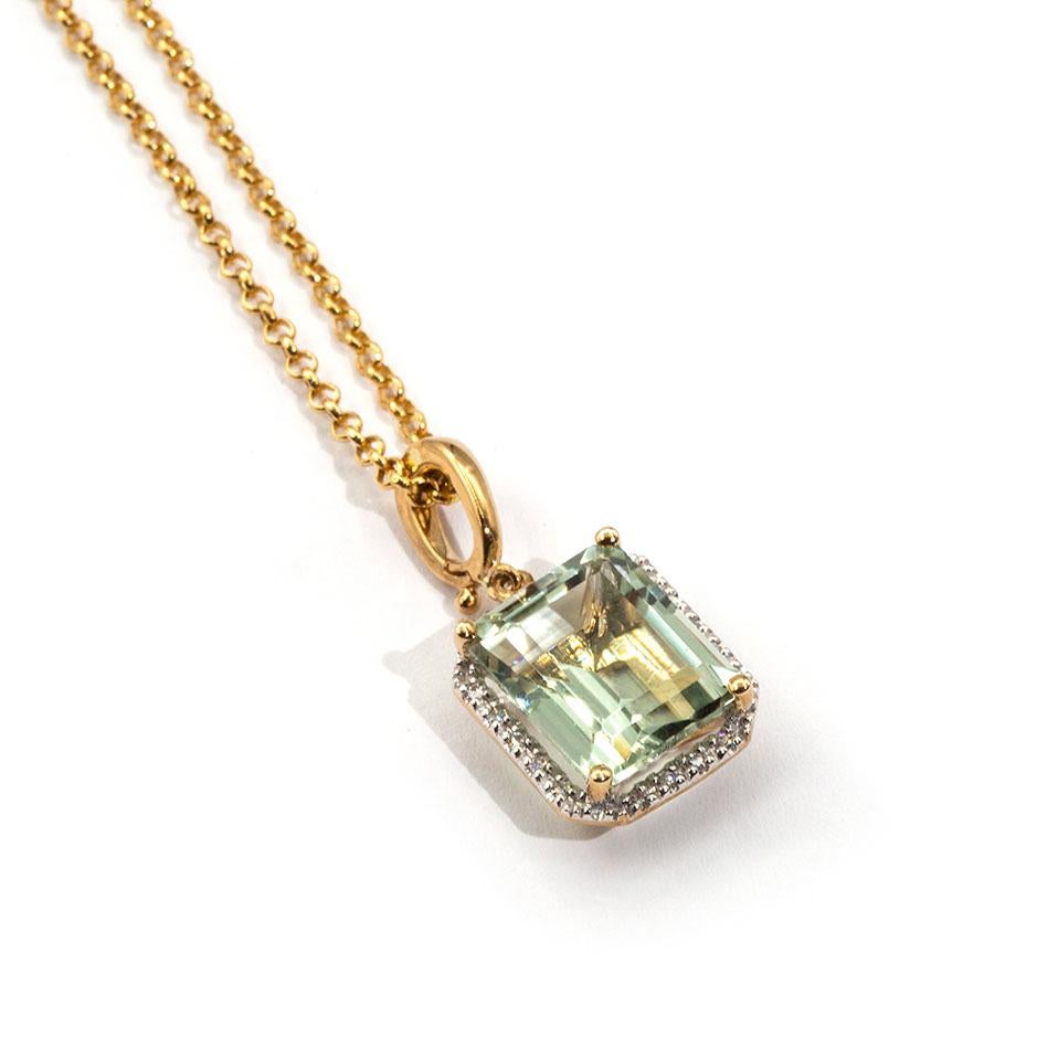 Emerald Cut Mint Quartz and Diamond 9 Carat Yellow Gold Pendant with Chain 3