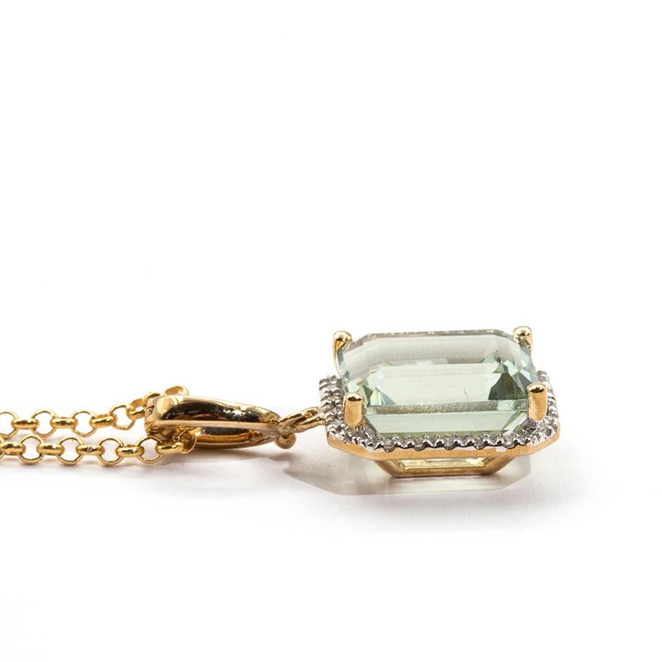 Emerald Cut Mint Quartz and Diamond 9 Carat Yellow Gold Pendant with Chain 4