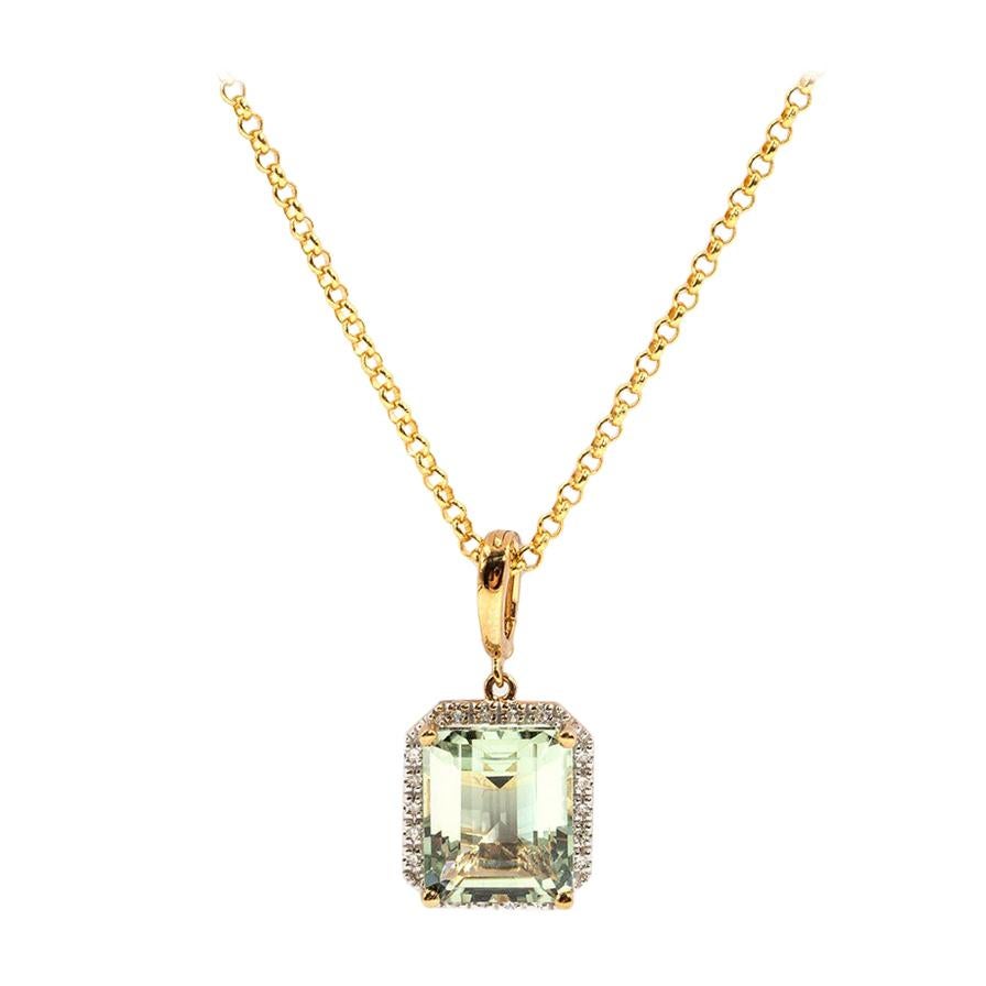 Emerald Cut Mint Quartz and Diamond 9 Carat Yellow Gold Pendant with Chain