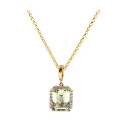 Emerald Cut Mint Quartz and Diamond 9 Carat Yellow Gold Pendant with Chain