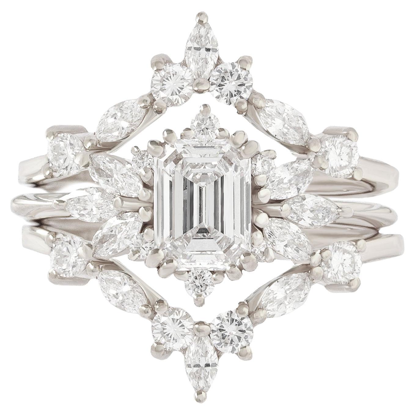 Emerald Cut Moissanite Elegant Bridal Ring Set "Spark" & "Iceland" Nesting Rings For Sale