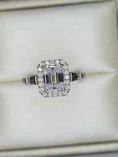 Emerald Cut Moissanite Engagement Ring 925 Silver Halo Ring Band.