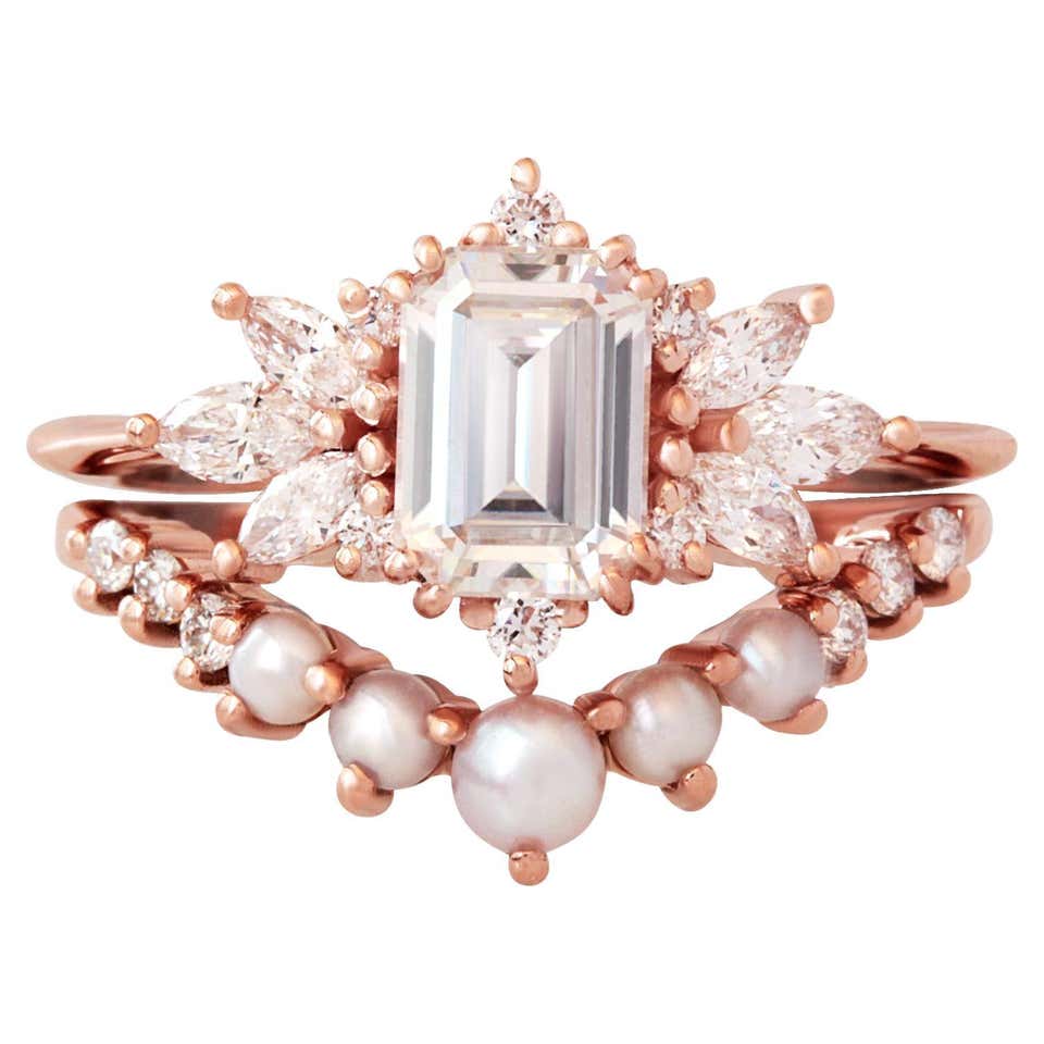 Nesting Rings Oval Moissanite Unique Engagement Ring Pearl Nesting Band Wedding Three ...