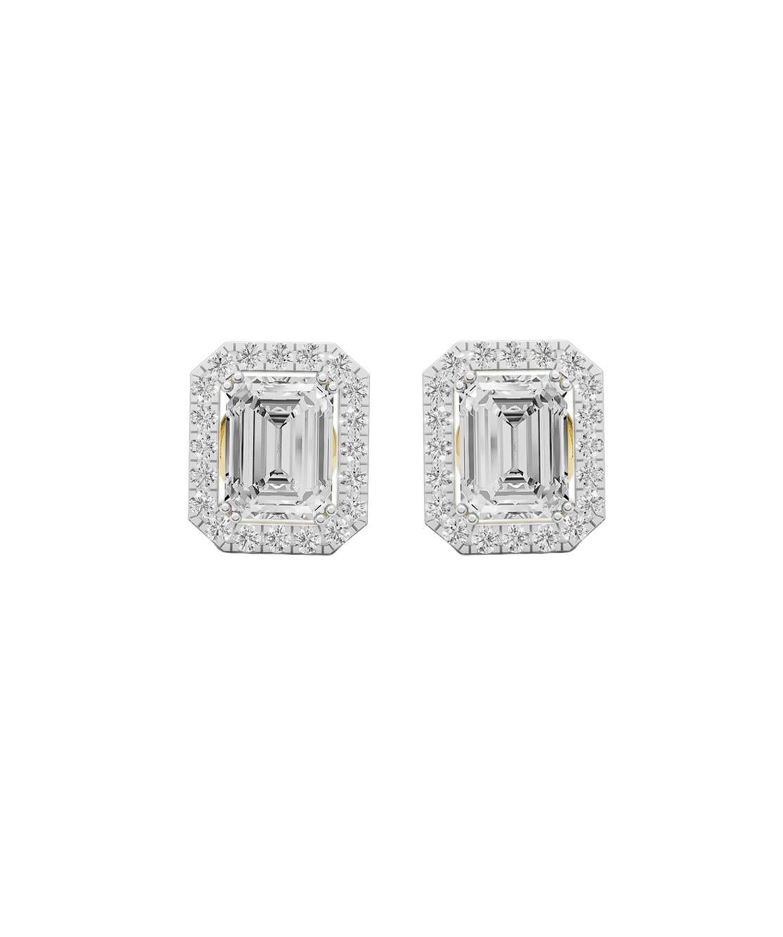 Moderne Boucles d'oreilles halo en or 14k avec moissanite taille émeraude en vente