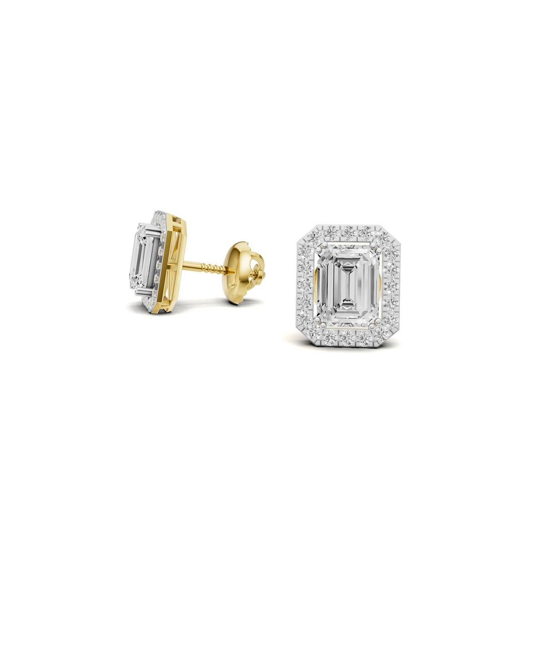 Boucles d'oreilles halo en or 14k avec moissanite taille émeraude Neuf - En vente à Istanbul, TR