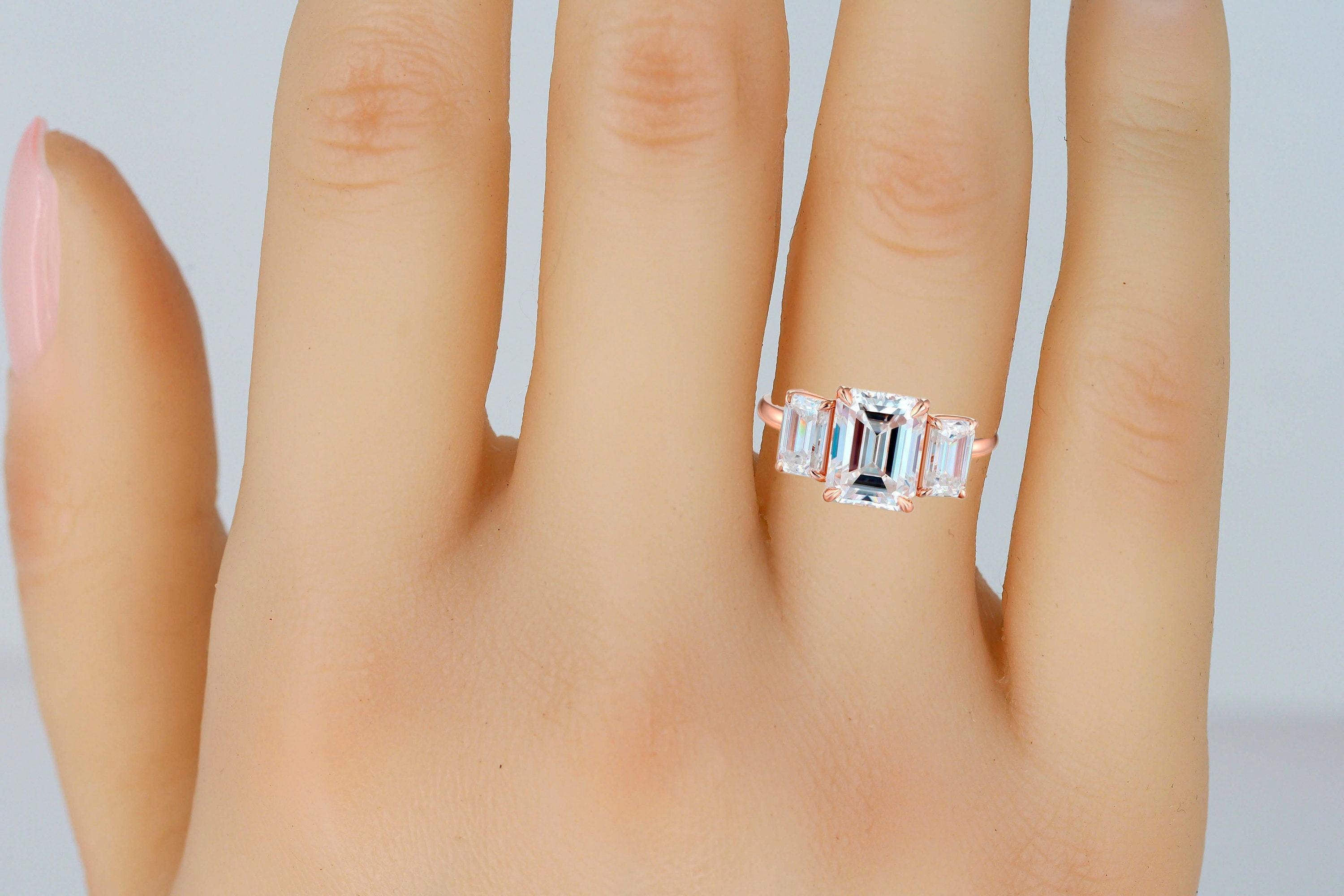 Emerald Cut Moissanite Three Stone Engagement 14k gold Ring 5
