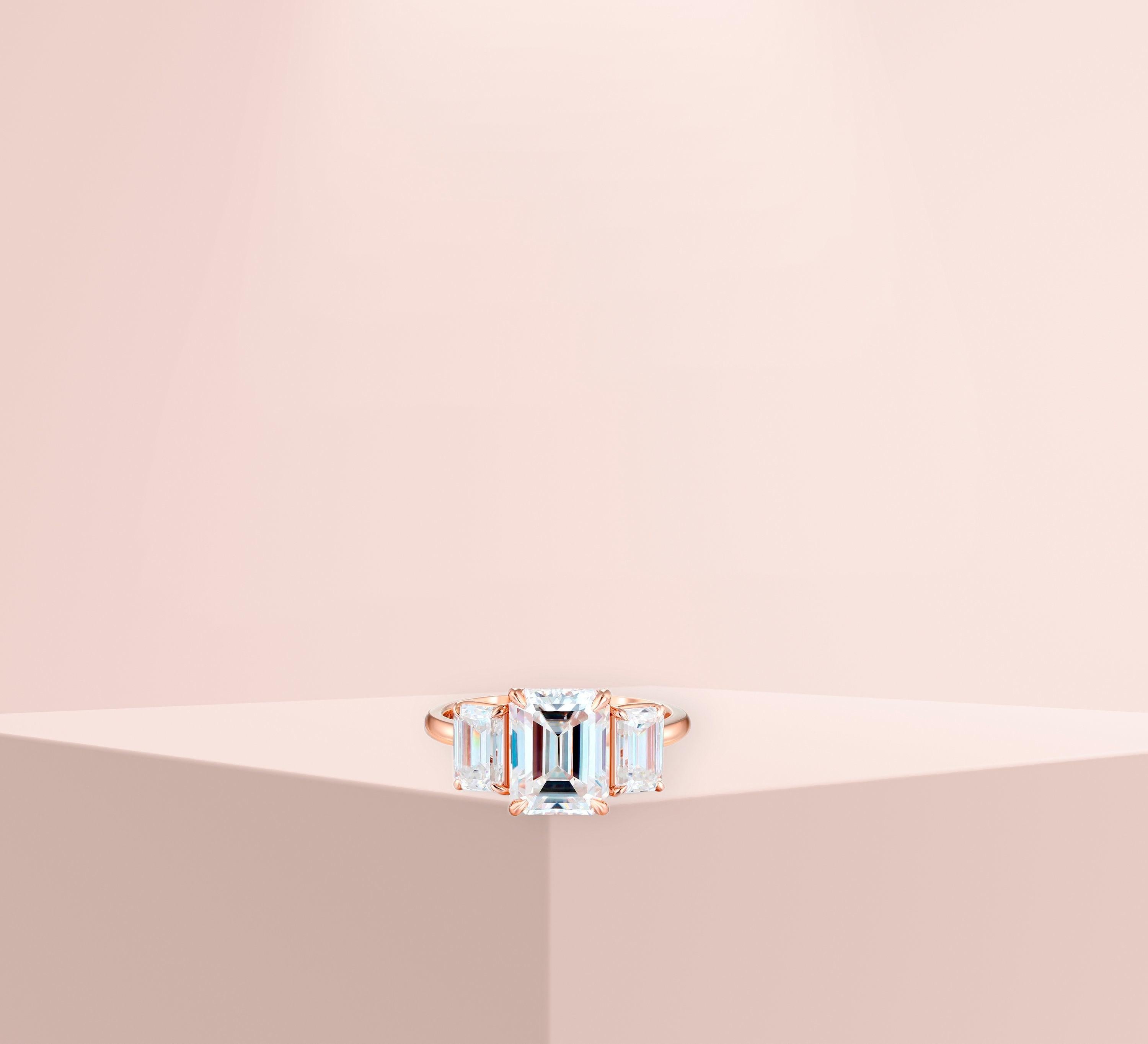 Emerald Cut Moissanite Three Stone Engagement 14k gold Ring 6