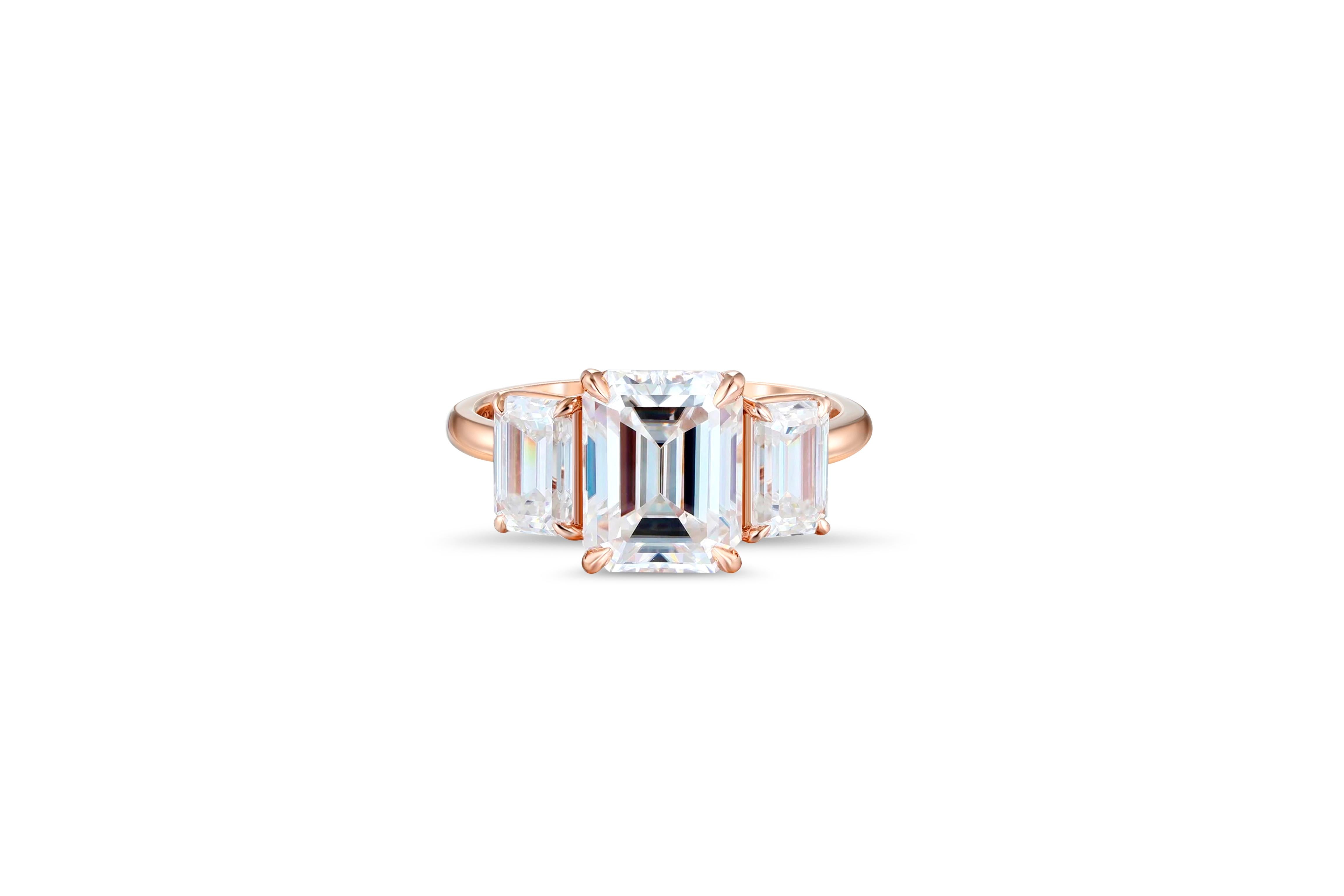 For Sale:  Emerald Cut Moissanite Three Stone Engagement 14k gold Ring. 2