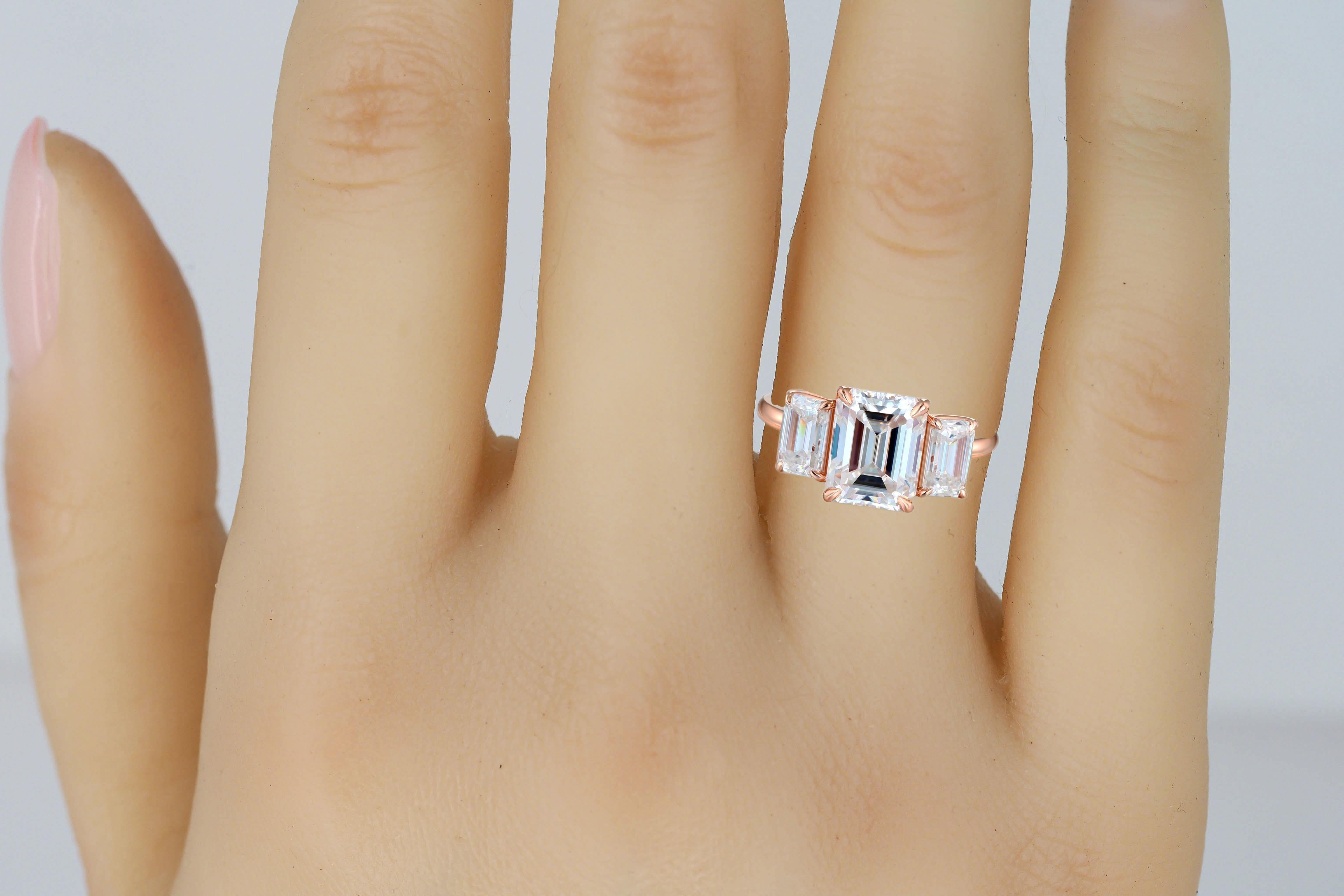 For Sale:  Emerald Cut Moissanite Three Stone Engagement 14k gold Ring 5