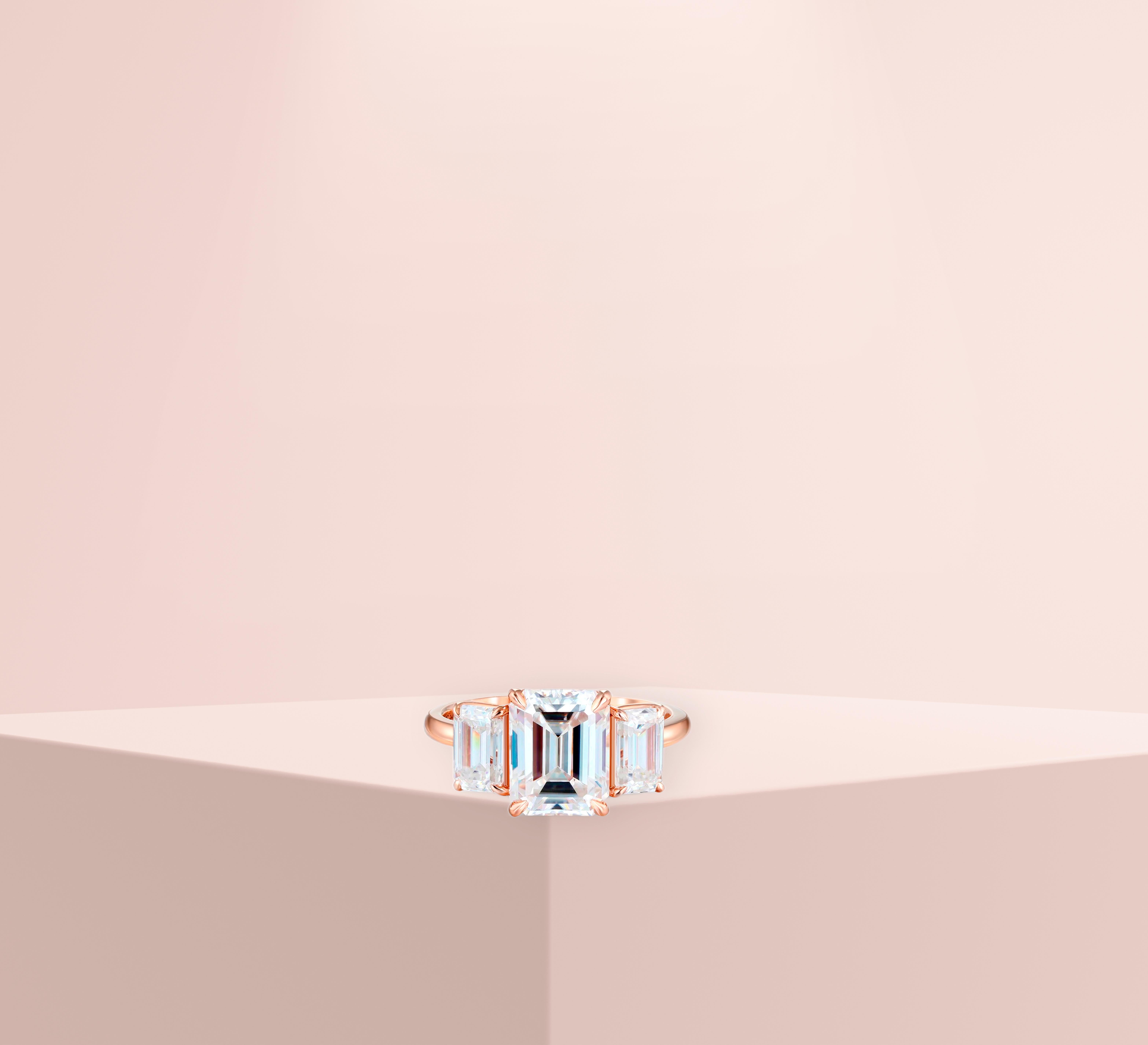 For Sale:  Emerald Cut Moissanite Three Stone Engagement 14k gold Ring. 6