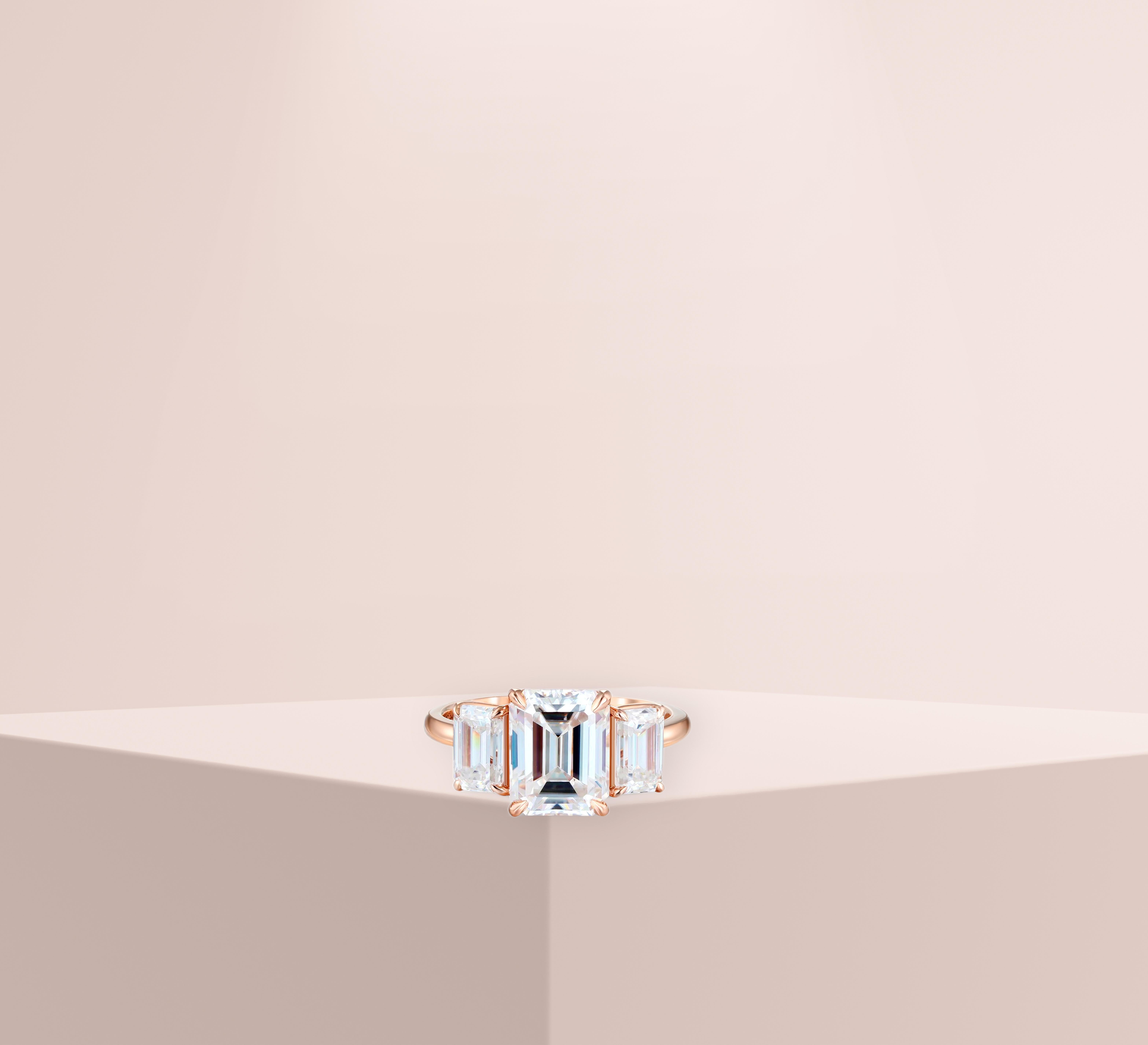 For Sale:  Emerald Cut Moissanite Three Stone Engagement 14k gold Ring 6