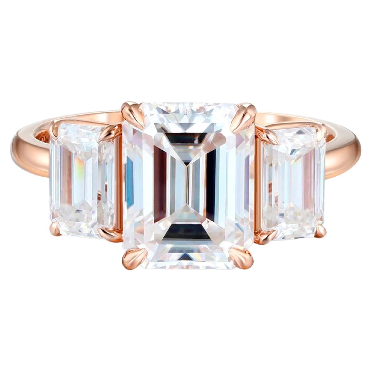 Emerald Cut Moissanite Three Stone Engagement 14k gold Ring