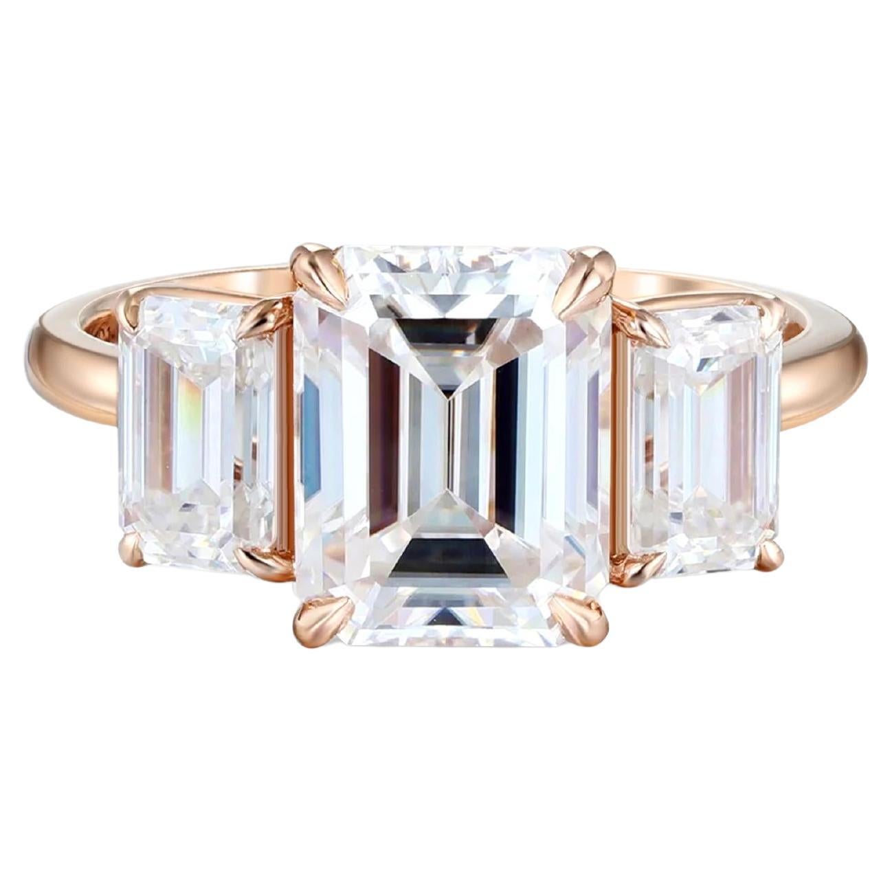 Emerald Cut Moissanite Three Stone Engagement 14k gold Ring