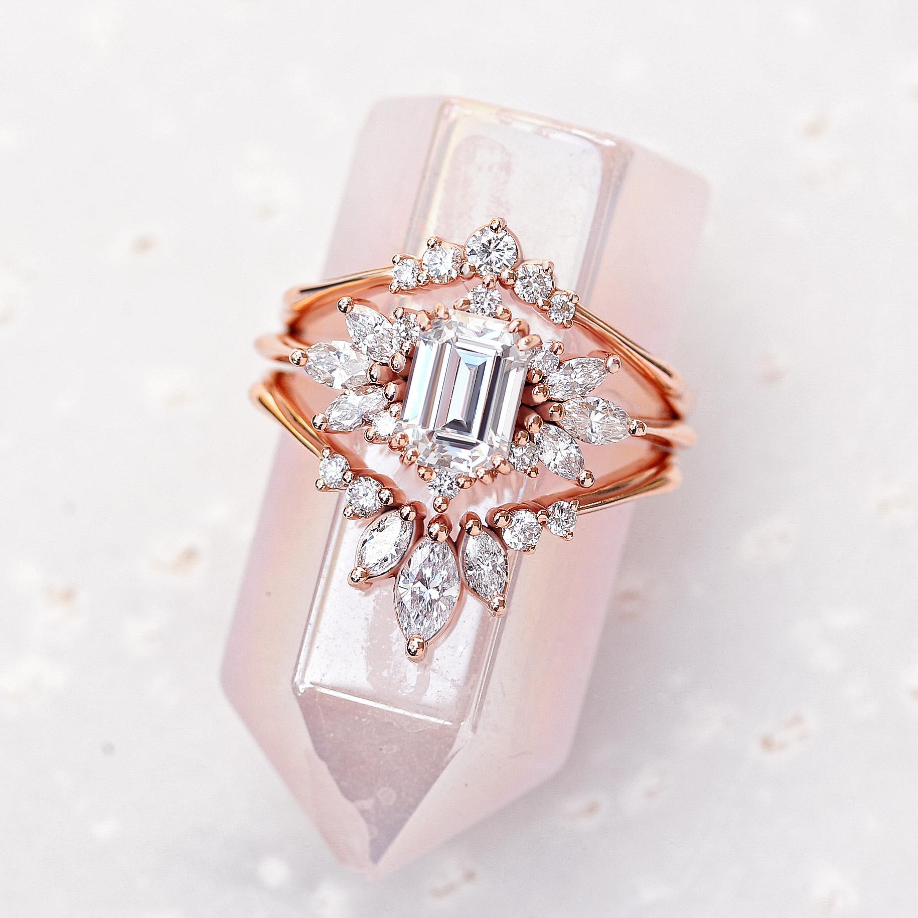 Art Deco Emerald Cut Moissanite Unique and Elegant Engagement Ring 