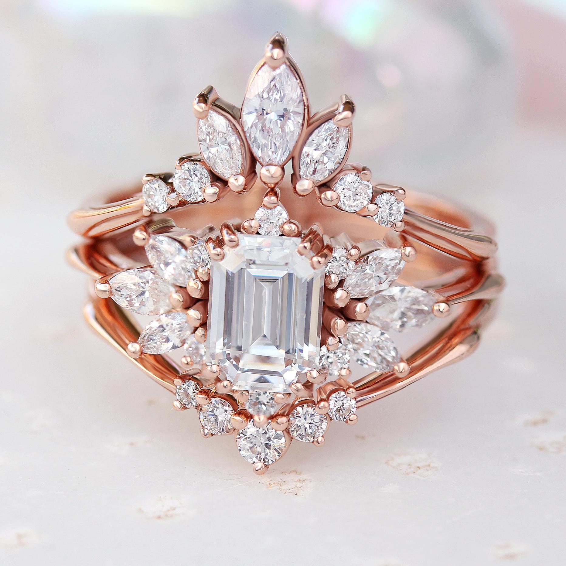 Women's Emerald Cut Moissanite Unique and Elegant Engagement Ring 