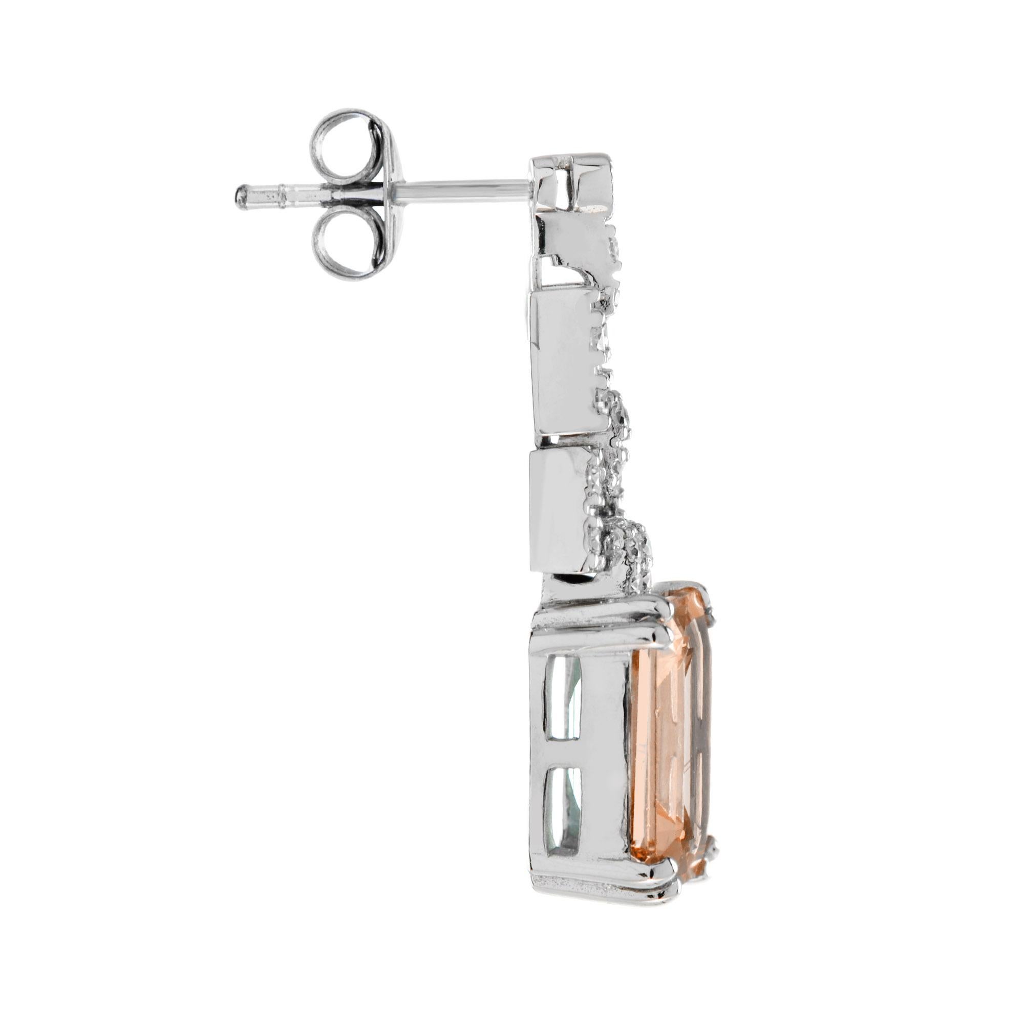 Art Deco Emerald Cut Morganite and Diamond Drop Earrings in 14K White Gold For Sale