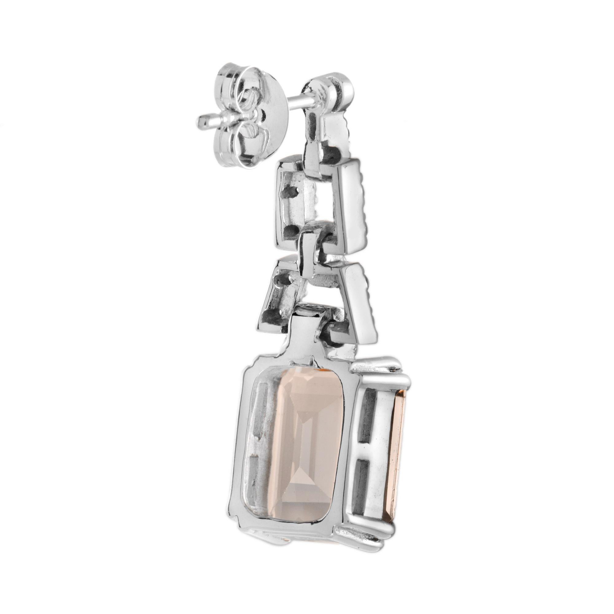 Emerald Cut Morganite and Diamond Drop Earrings in 14K White Gold In New Condition For Sale In Bangkok, TH