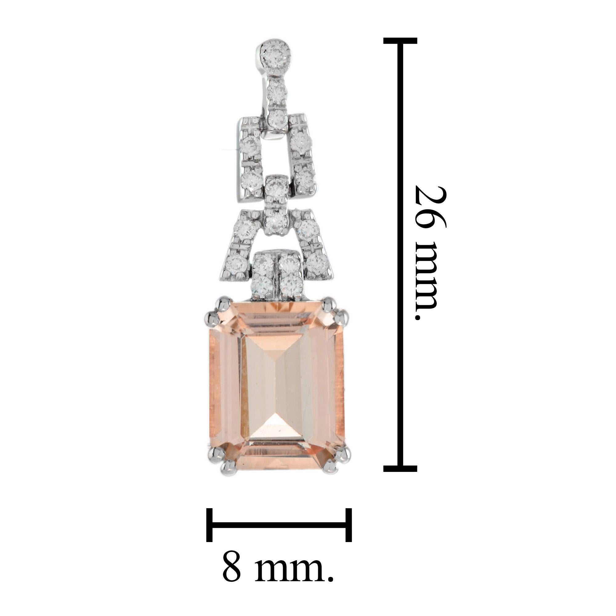 Women's Emerald Cut Morganite and Diamond Drop Earrings in 14K White Gold For Sale