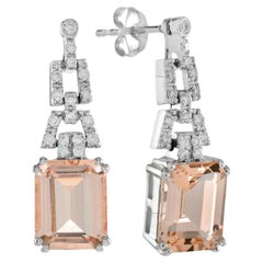 Emerald Cut Morganite and Diamond Drop Earrings in 14K White Gold