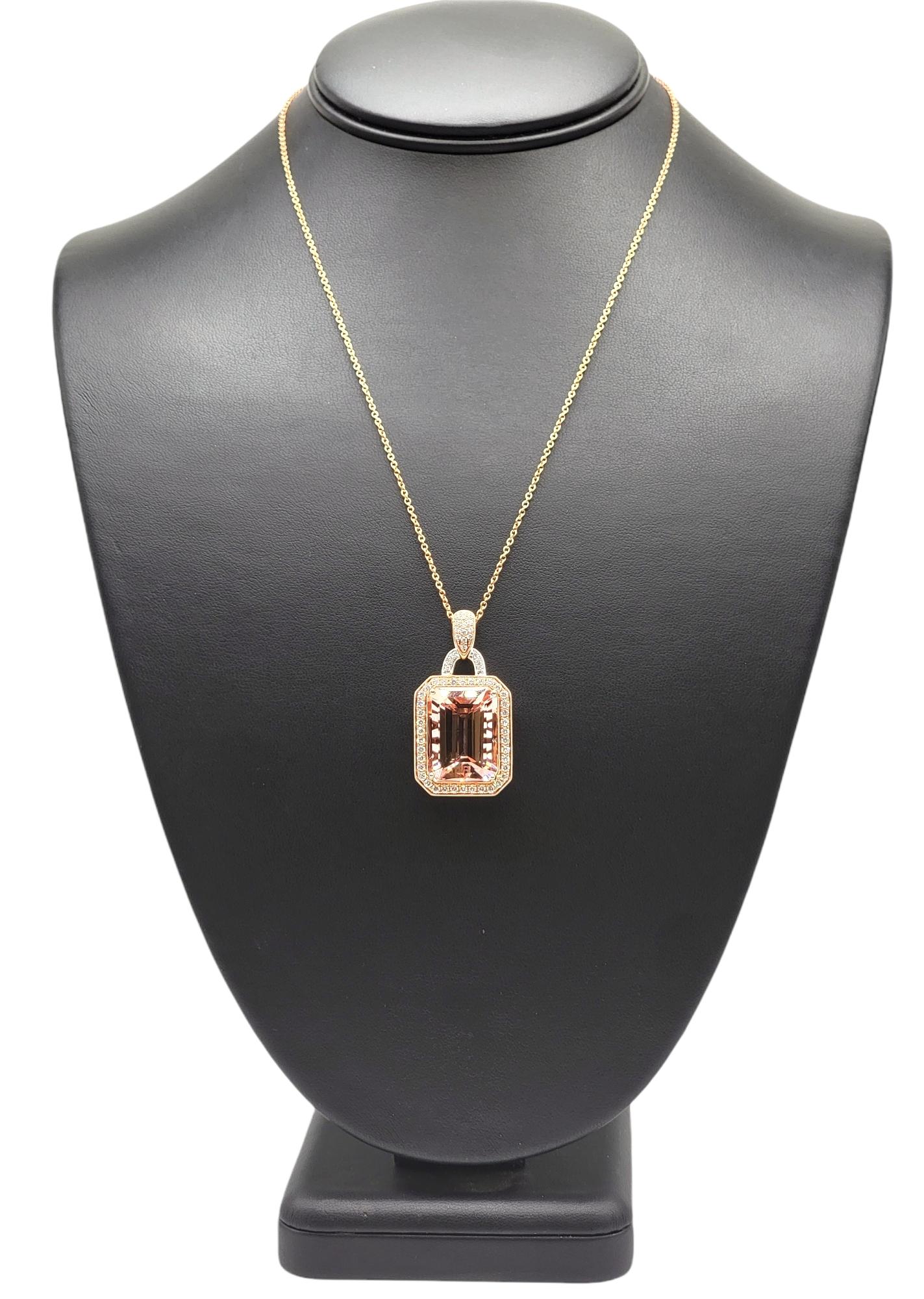 Effy Large Emerald Cut Morganite and Diamond Halo Necklace 14 Karat Rose Gold  2