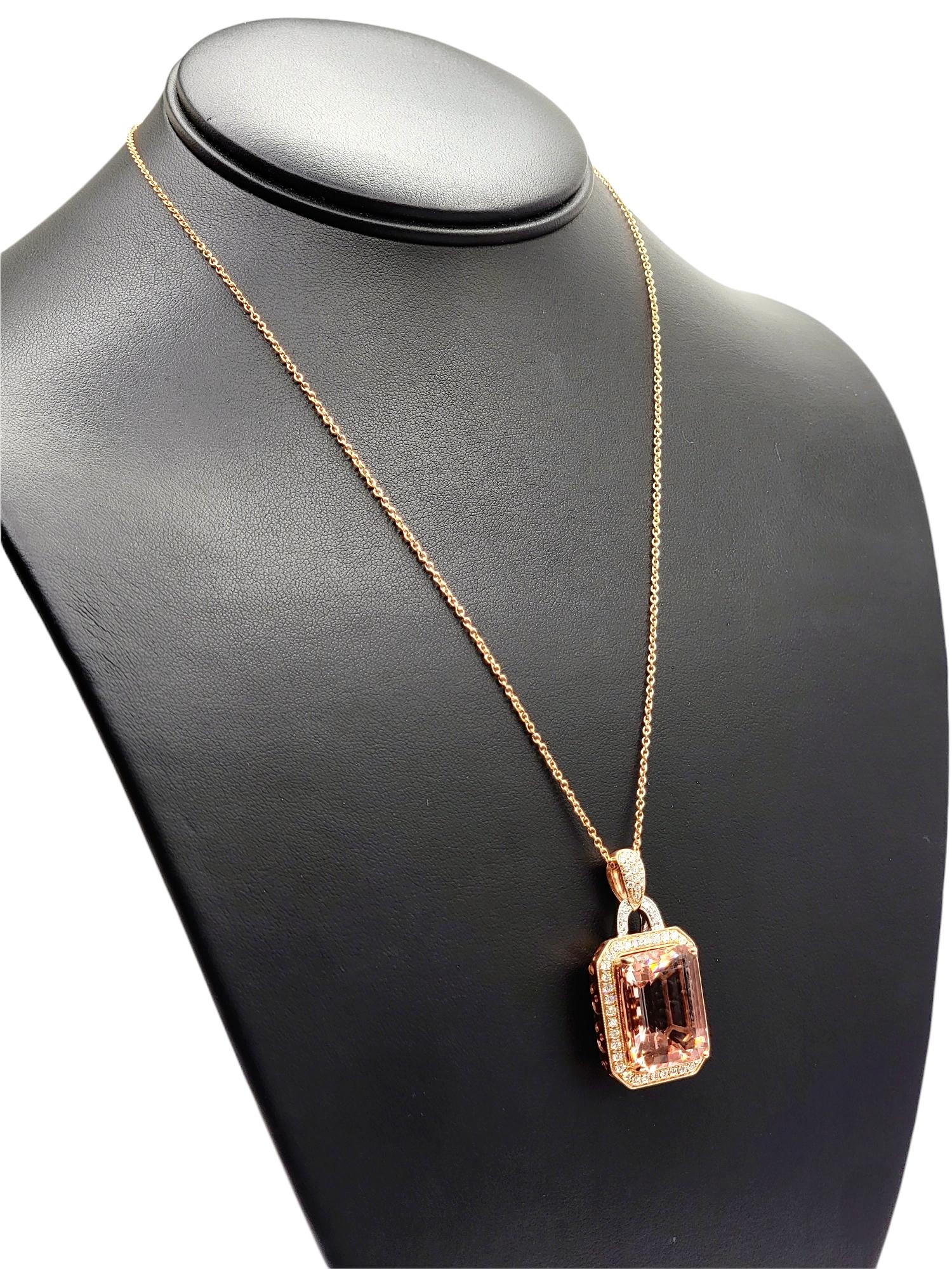 Effy Large Emerald Cut Morganite and Diamond Halo Necklace 14 Karat Rose Gold  3