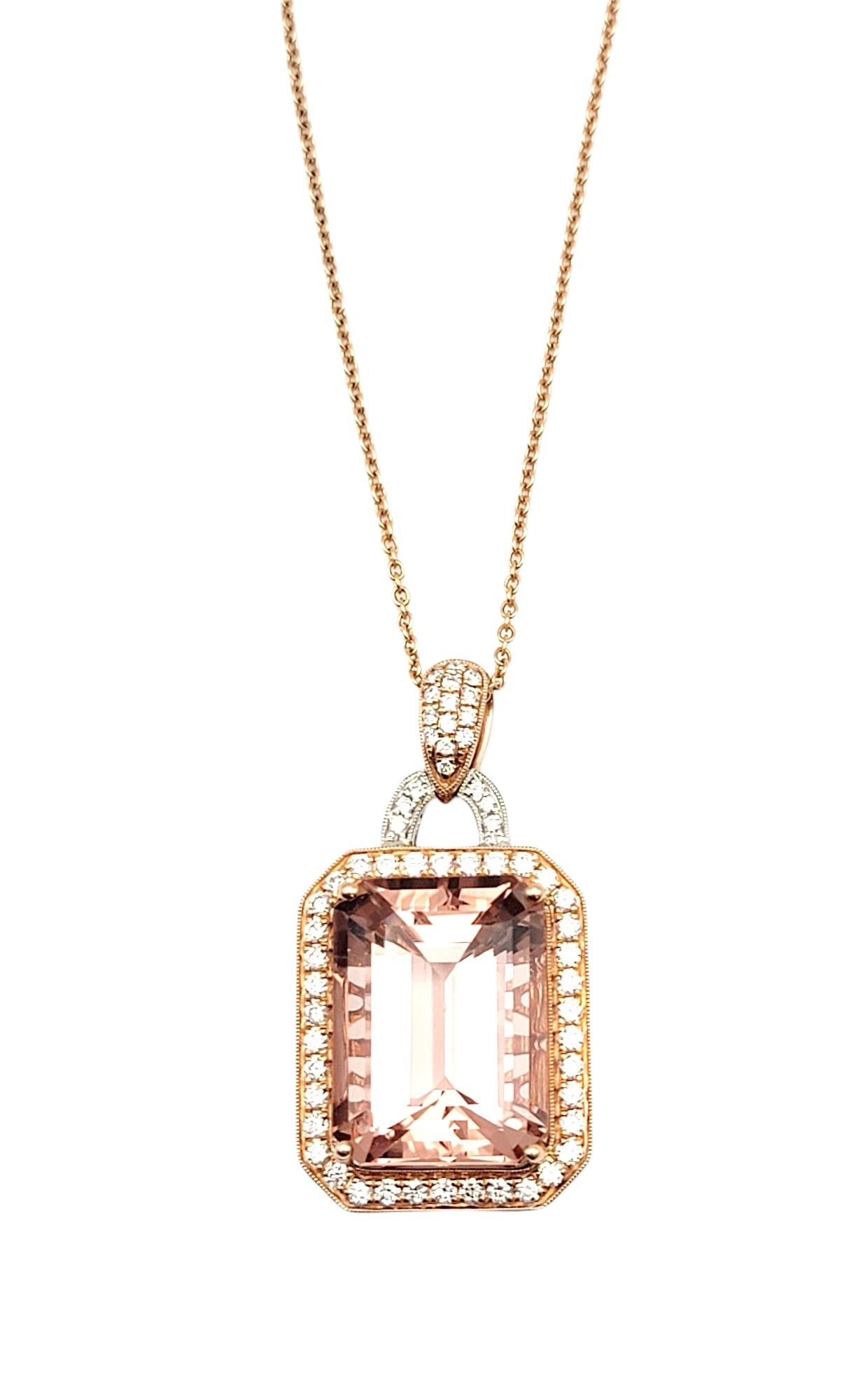 This bold large pendant will add the perfect amount of blush color to your outfit. It is the perfect combination of pink morganite, rose gold, and sparkling diamonds. 

This stunning morganite and diamond pendant necklace features a gorgeous 23.79