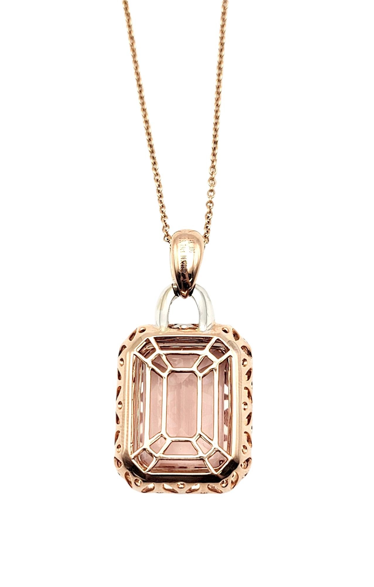Contemporary Effy Large Emerald Cut Morganite and Diamond Halo Necklace 14 Karat Rose Gold 