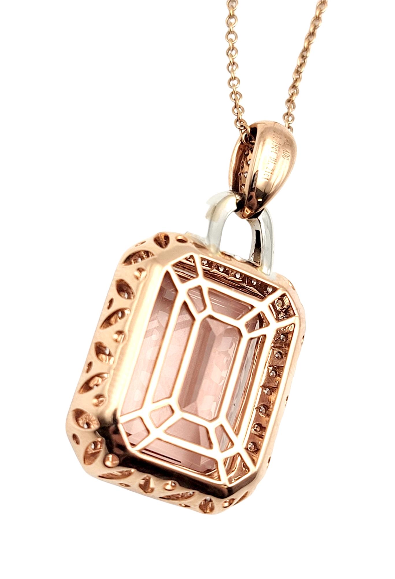Effy Large Emerald Cut Morganite and Diamond Halo Necklace 14 Karat Rose Gold  In Good Condition In Scottsdale, AZ
