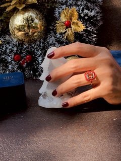 Emerald Cut Morganite and Orange Sapphire Art Deco Style Ring in 14K Rose Gold