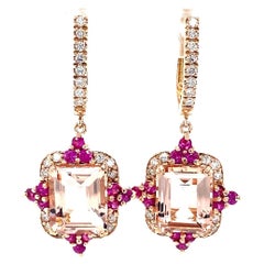 Emerald Cut Morganite Diamond and Pink Sapphire Rose Gold Drop Earrings