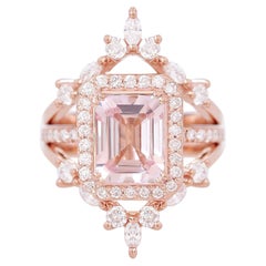 Emerald Cut Morganite & Diamond Halo Engagement Ring + Ring Guard , Naomi