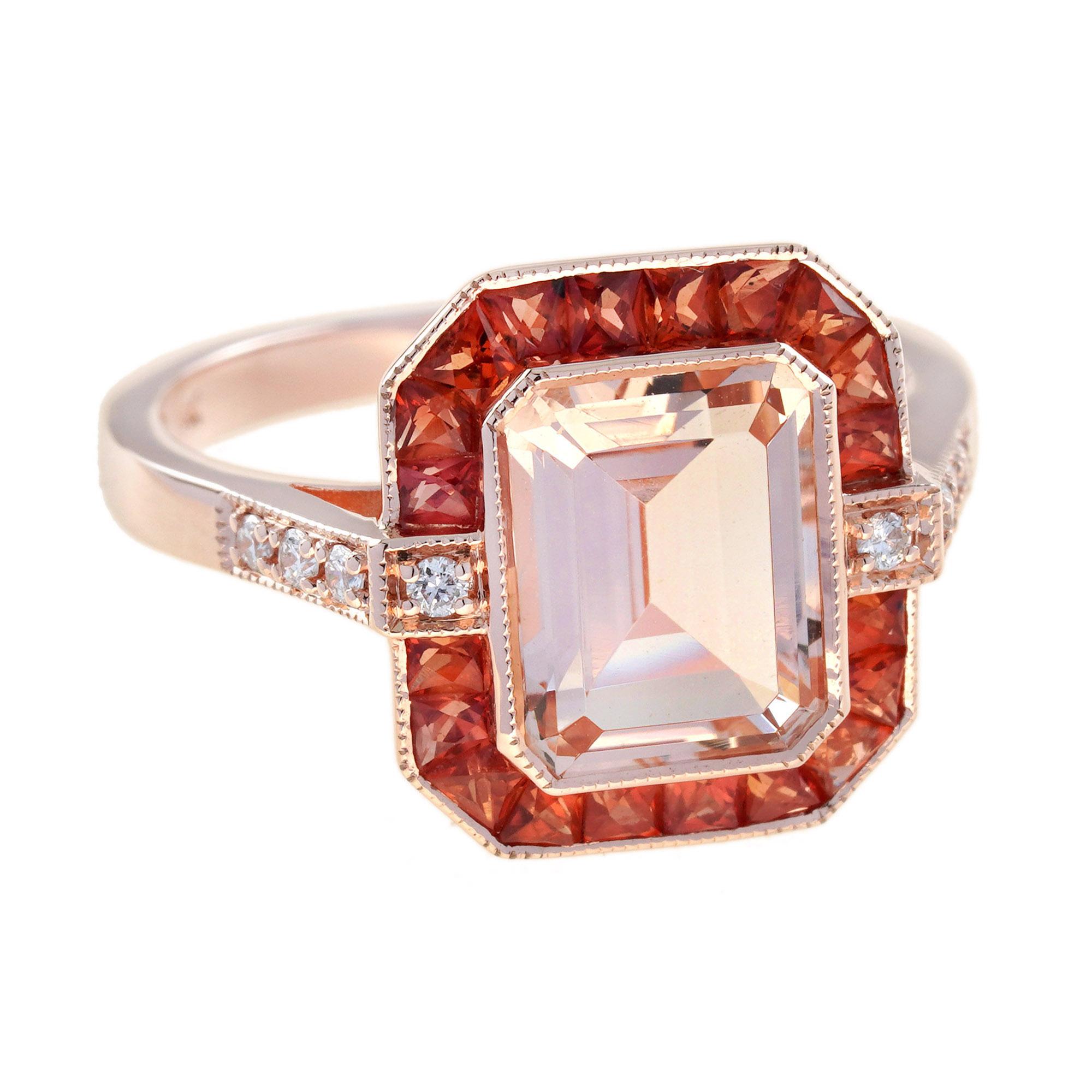 Emerald Cut Morganite Orange Sapphire Diamond Art Deco Style Ring in 14K Gold For Sale 1