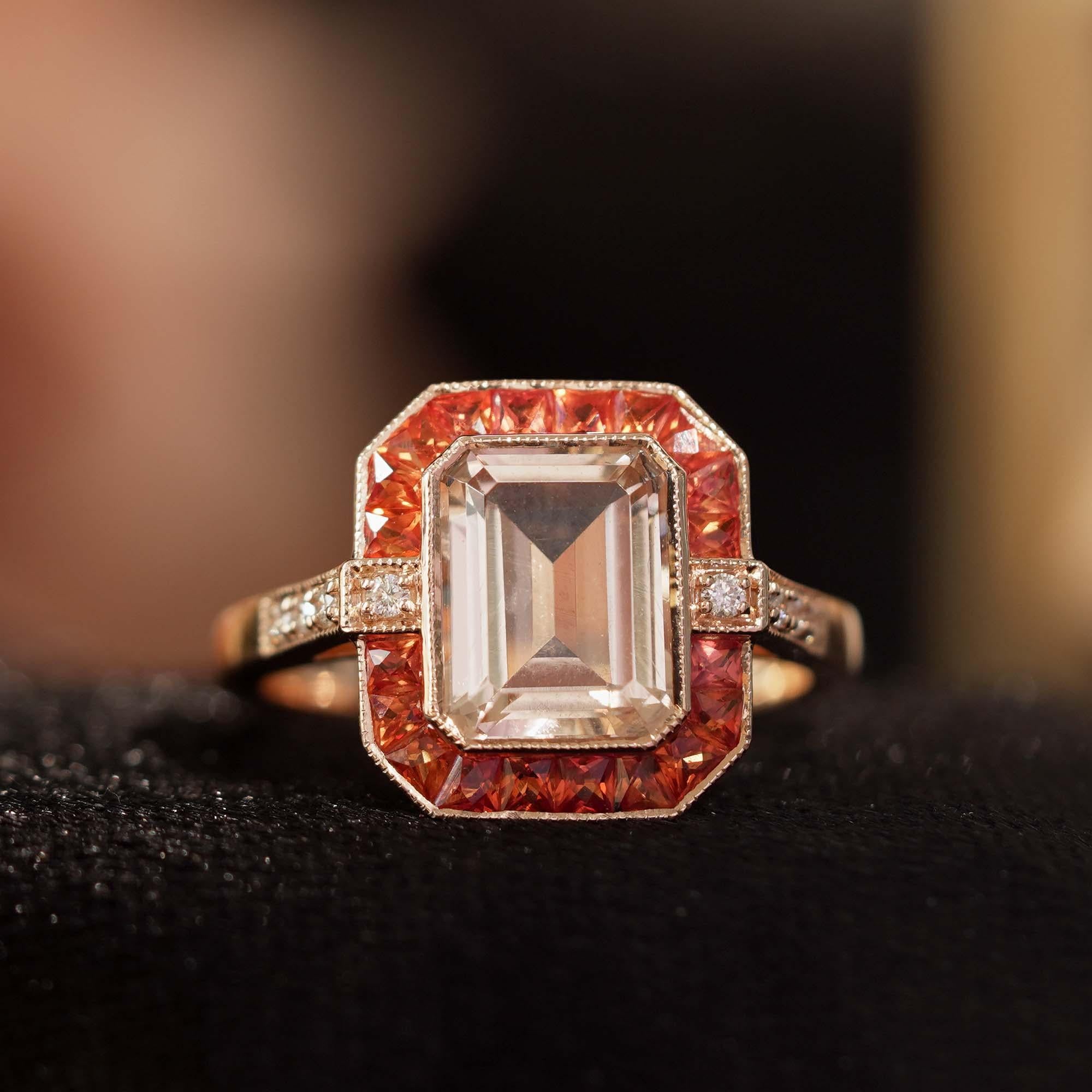 Emerald Cut Morganite Orange Sapphire Diamond Art Deco Style Ring in 14K Gold In New Condition For Sale In Bangkok, TH