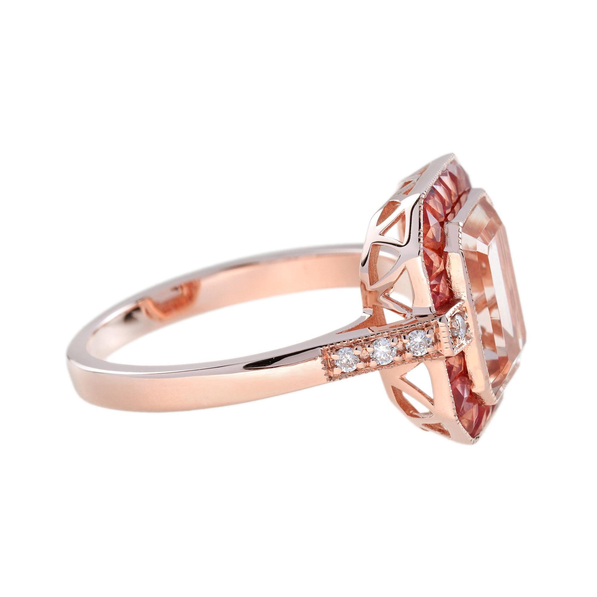 Emerald Cut Morganite Orange Sapphire Diamond Art Deco Style Ring in 14K Gold For Sale 2
