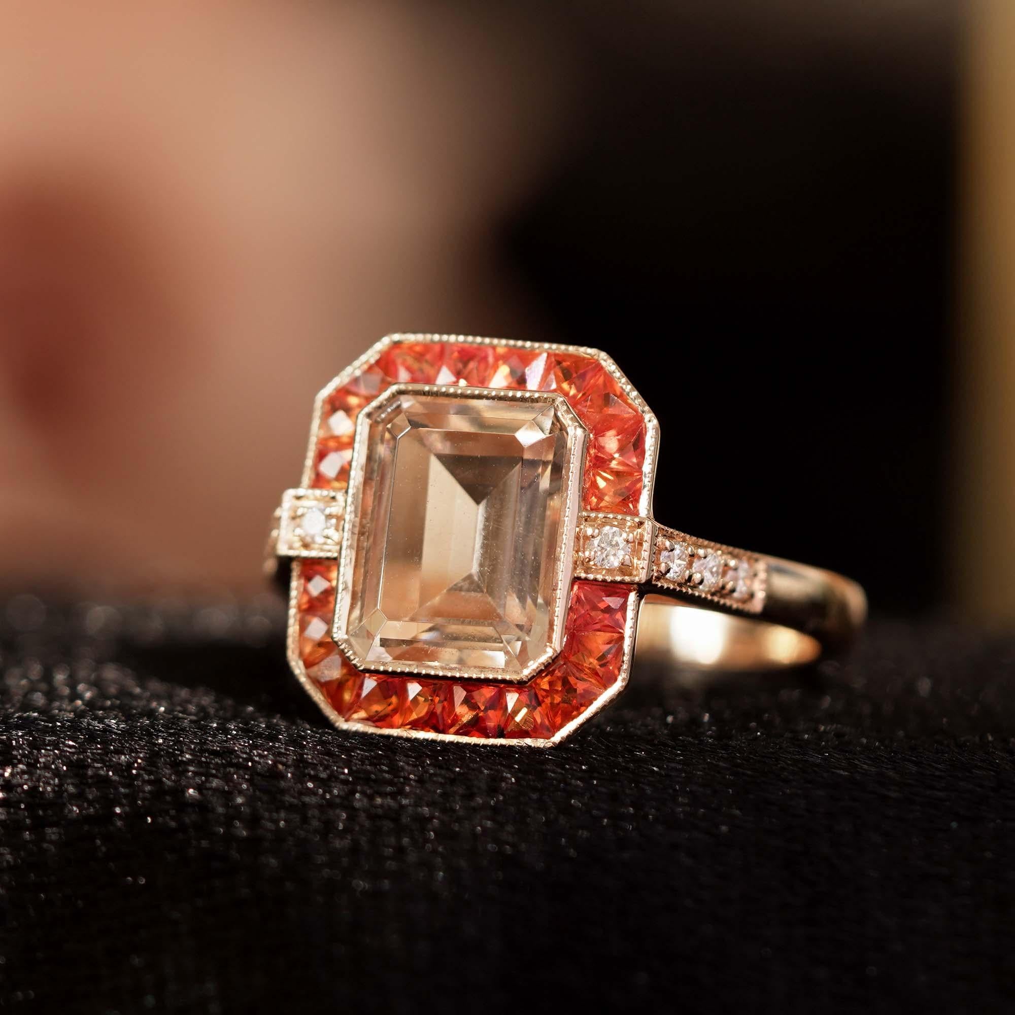 Women's Emerald Cut Morganite Orange Sapphire Diamond Art Deco Style Ring in 14K Gold For Sale