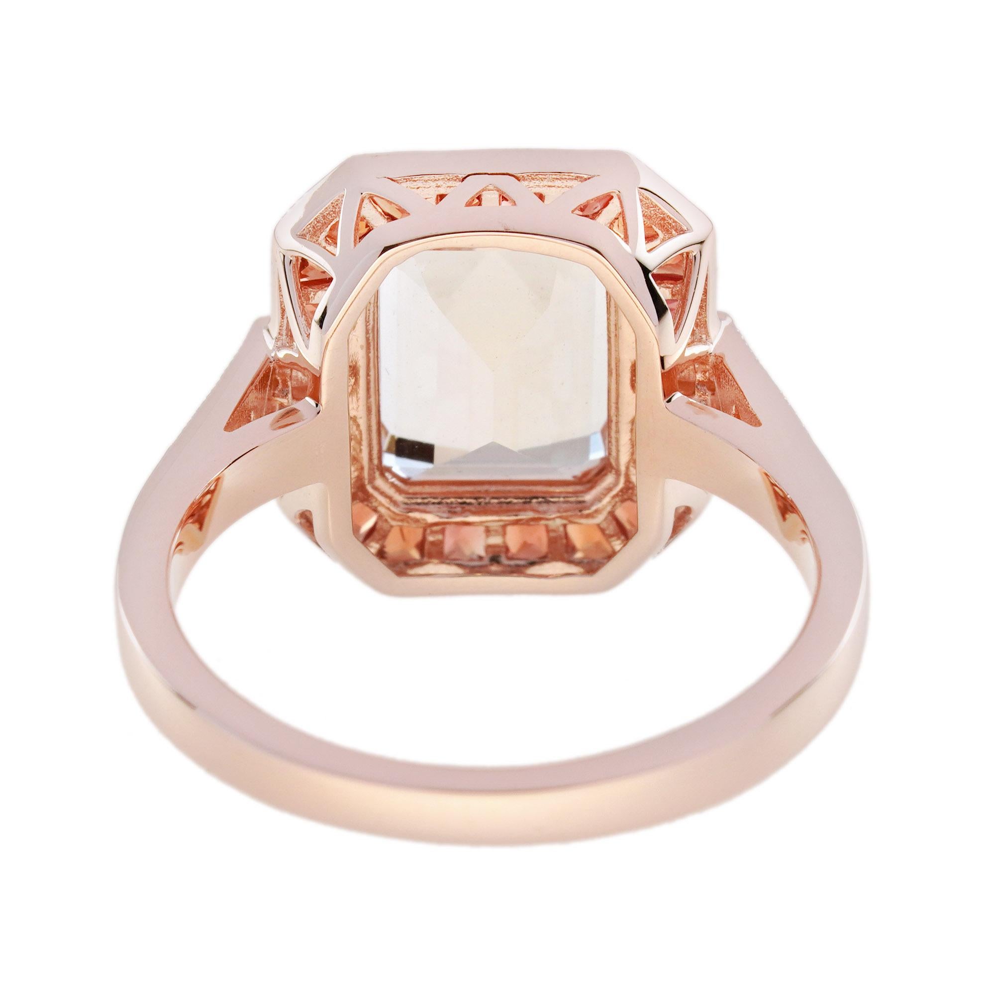Emerald Cut Morganite Orange Sapphire Diamond Art Deco Style Ring in 14K Gold For Sale 3