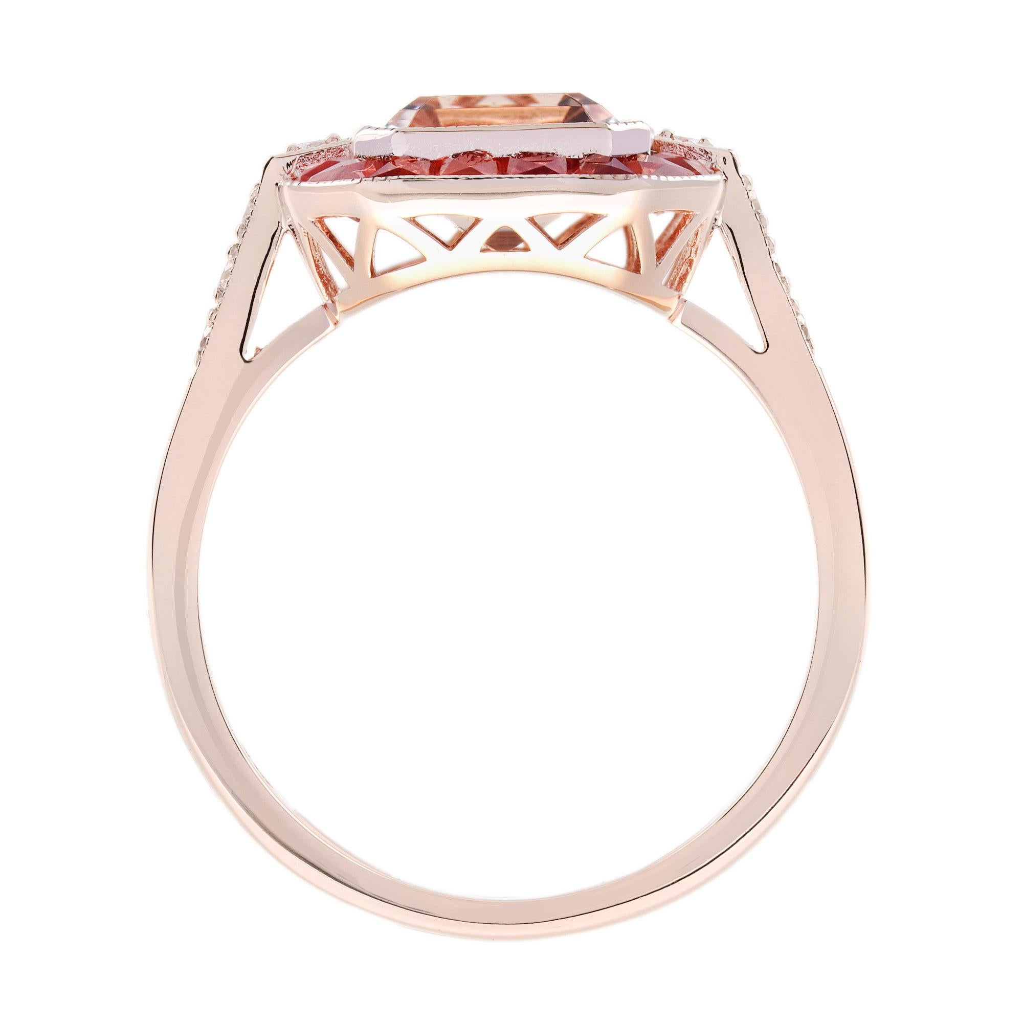 Emerald Cut Morganite Orange Sapphire Diamond Art Deco Style Ring in 14K Gold For Sale 4