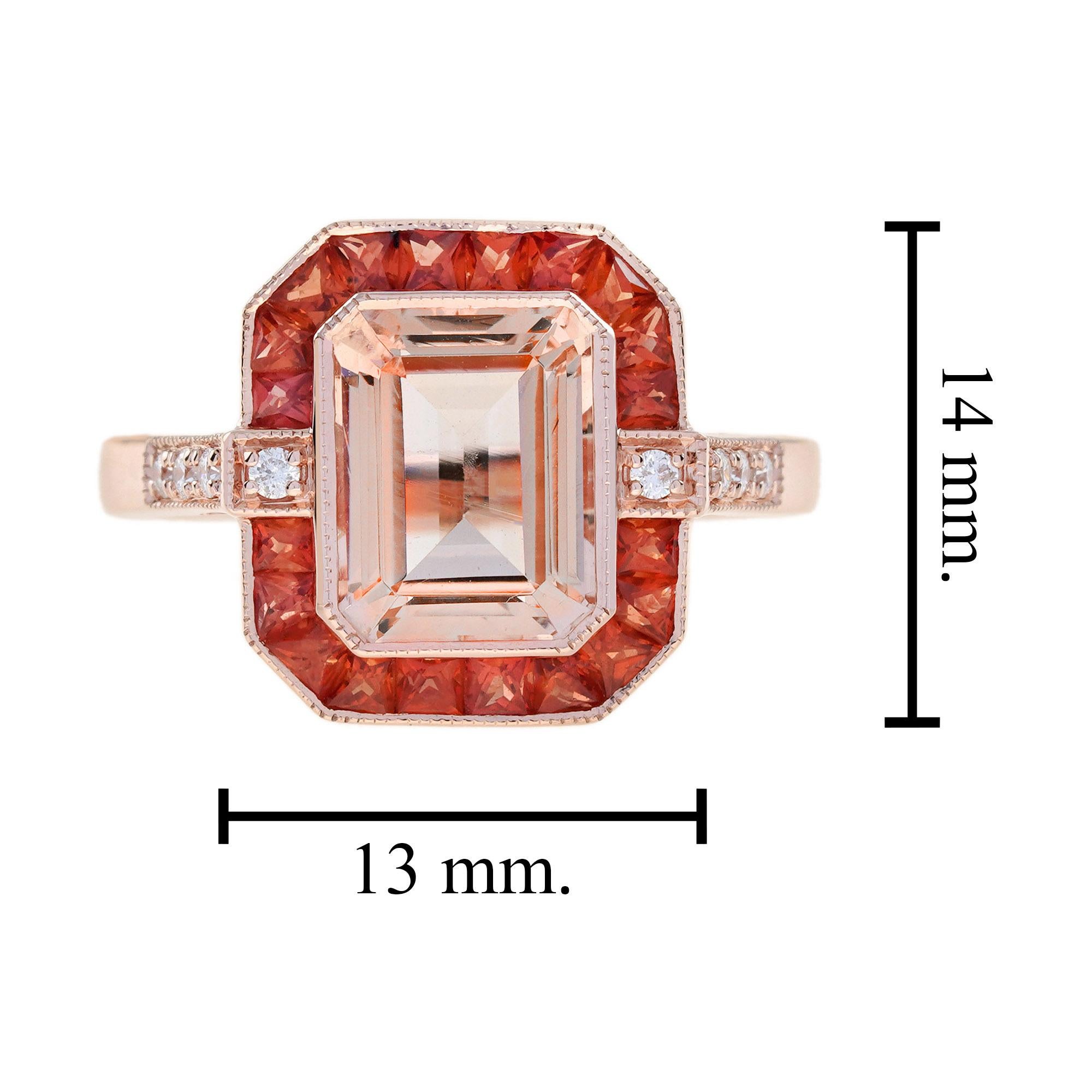 Emerald Cut Morganite Orange Sapphire Diamond Art Deco Style Ring in 14K Gold For Sale 5