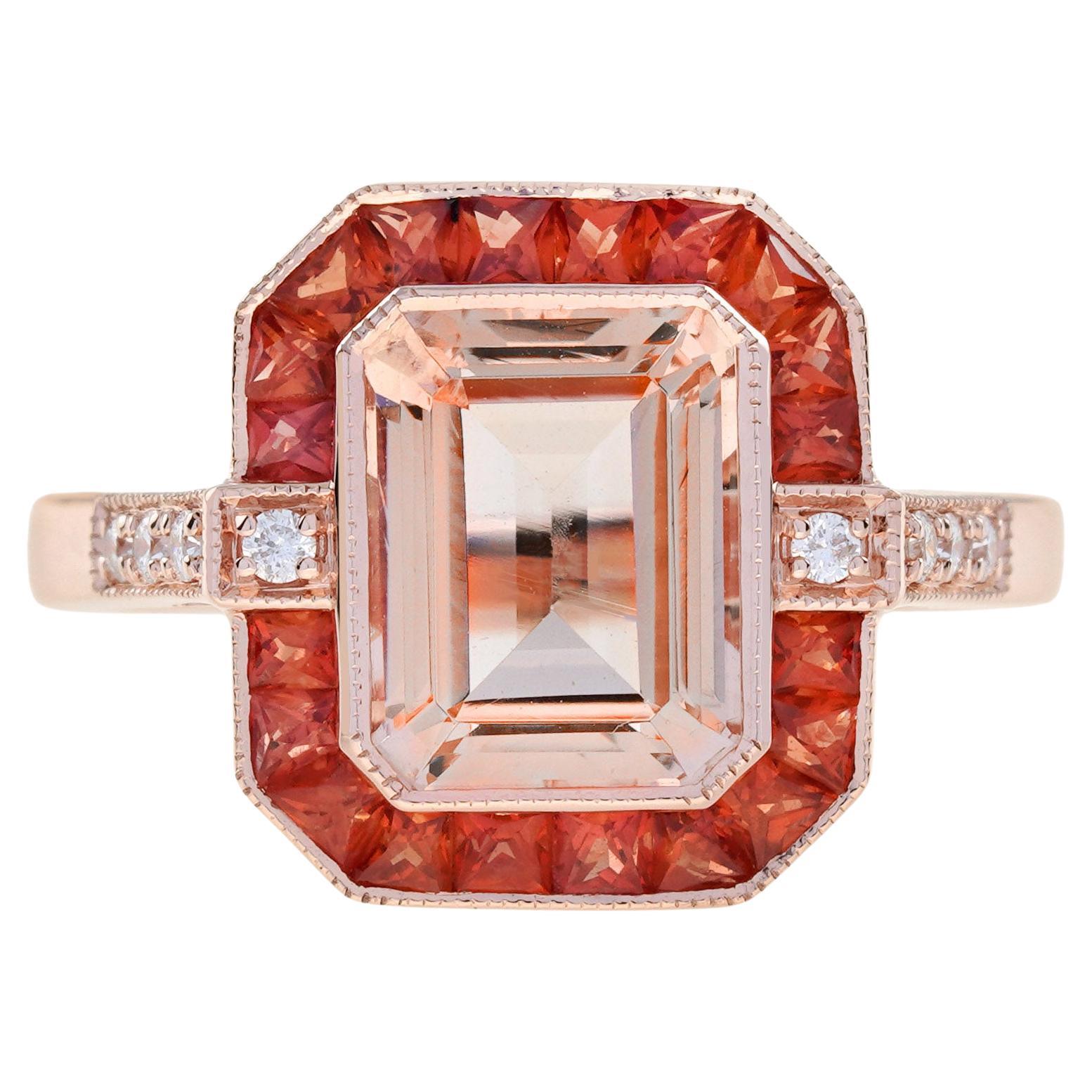 Emerald Cut Morganite Orange Sapphire Diamond Art Deco Style Ring in 14K Gold For Sale