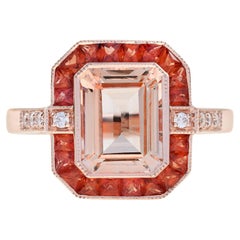 Emerald Cut Morganite Orange Sapphire Diamond Art Deco Style Ring in 14K Gold